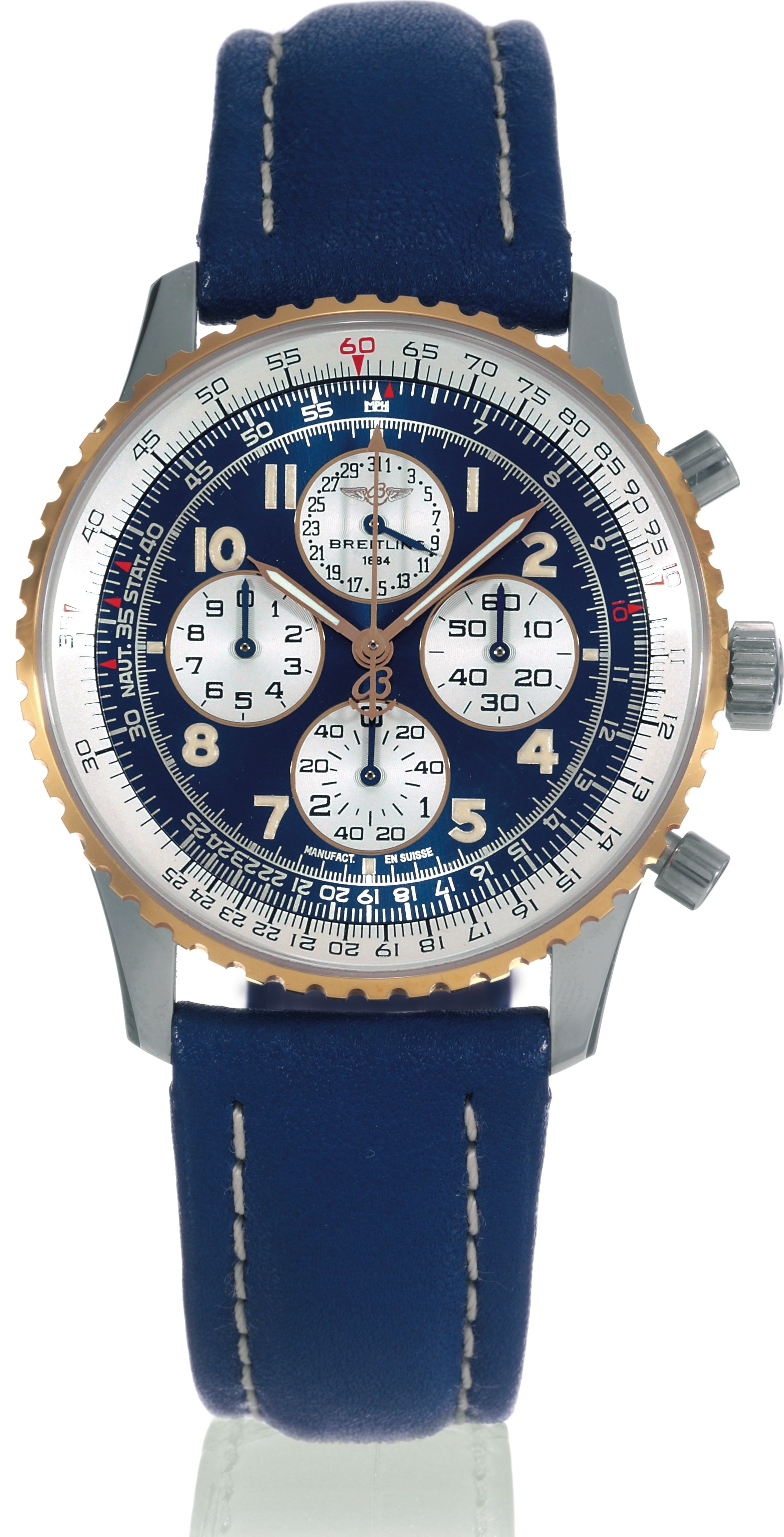 Breitling, 1884, ?Navitimer?, case
No. 0194, Ref. D33030. Made in
the 1990s.
Fine, self-winding, water-resistant, stainless
steel and yellow gold wristwatch with
round button chronograph, registers, date,
slide rule and a stainless steel Breitling
buckle.
