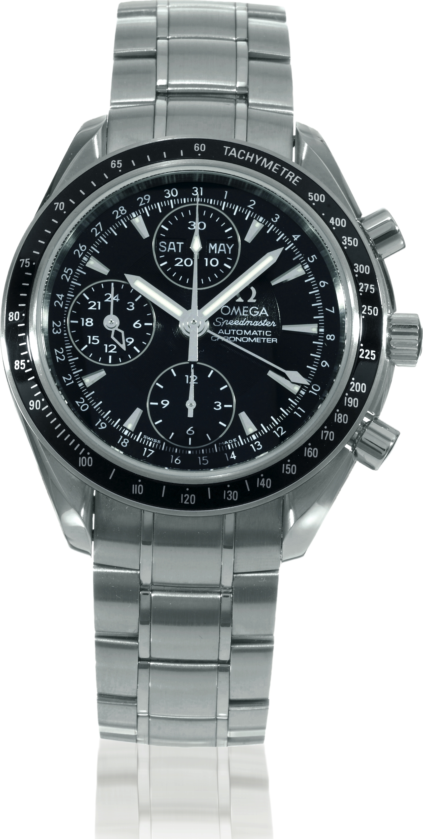 Speedmaster Day-Date
Omega "Speedmaster Triple Date, Automatic, Chronometer?, case No. 81637713, Ref. 32205000. Sold on July
14th, 2007.
Fine, self-winding, water-resistant, stainless steel wristwatch with round button chronograph, registers, tachometer, 24 hour
indication, triple date and a stainless steel Omega link bracelet with deployant clasp. Accompanied by Guarantee and booklet.
