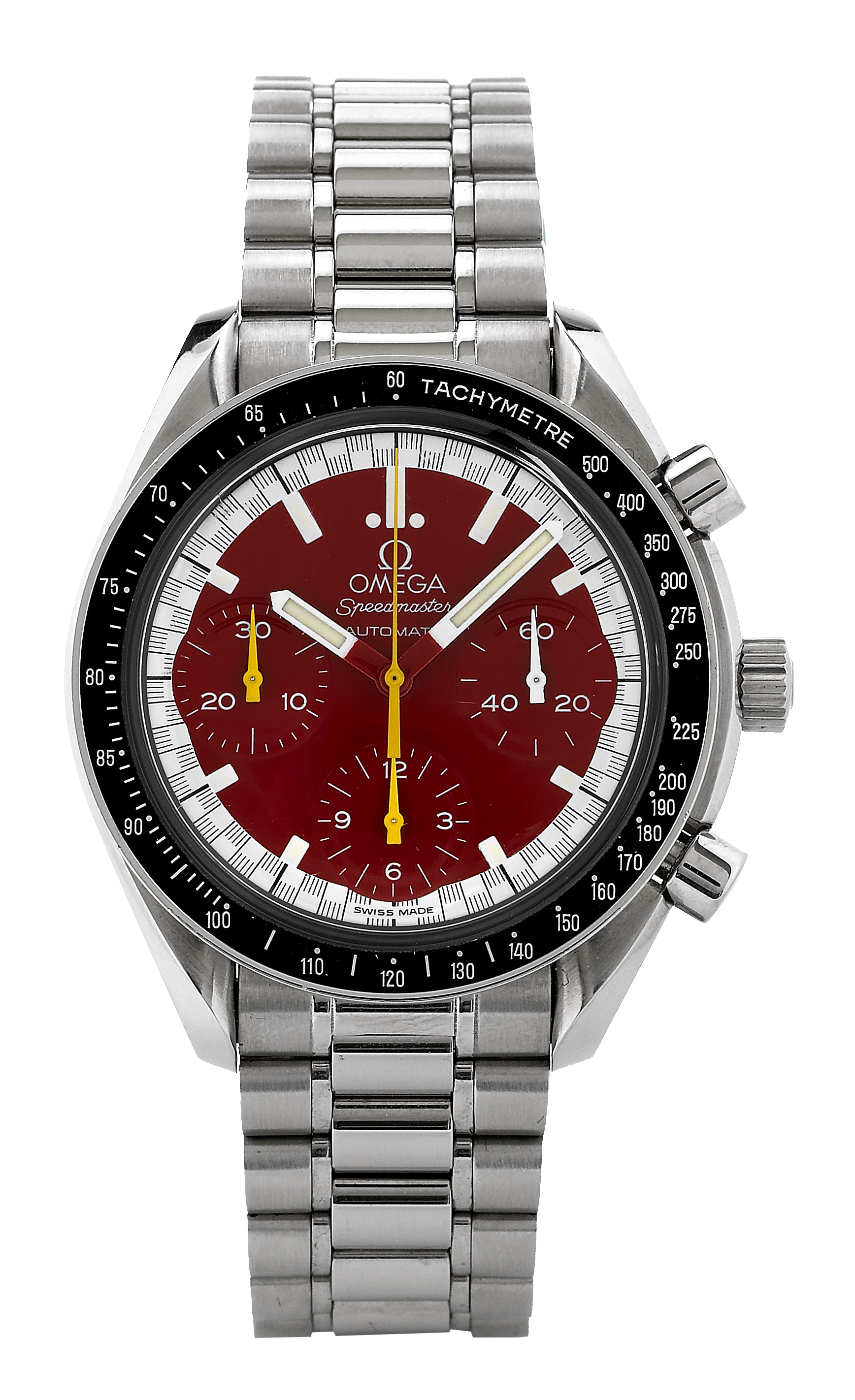 Speedmaster Automatic
Omega, ?Speedmaster Automatic,? Ref. ST 175.0032.1.
Made in 1996.
Fine, self-winding, water-resistant, stainless steel wristwatch with
round button chronograph, registers and a stainless steel Omega
bracelet with deployant clasp. Accompanied by a fitted box, certificate
and instructions.