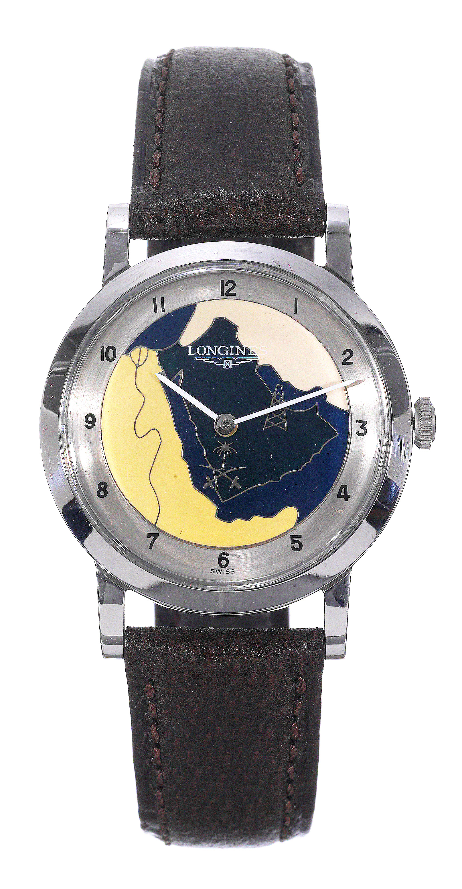 Cloisonne Dial Arabia
Longines, movement No. 50946257.
Made in the 1950s.
Fine and rare, stainless steel and cloisonné
enamel wristwatch.