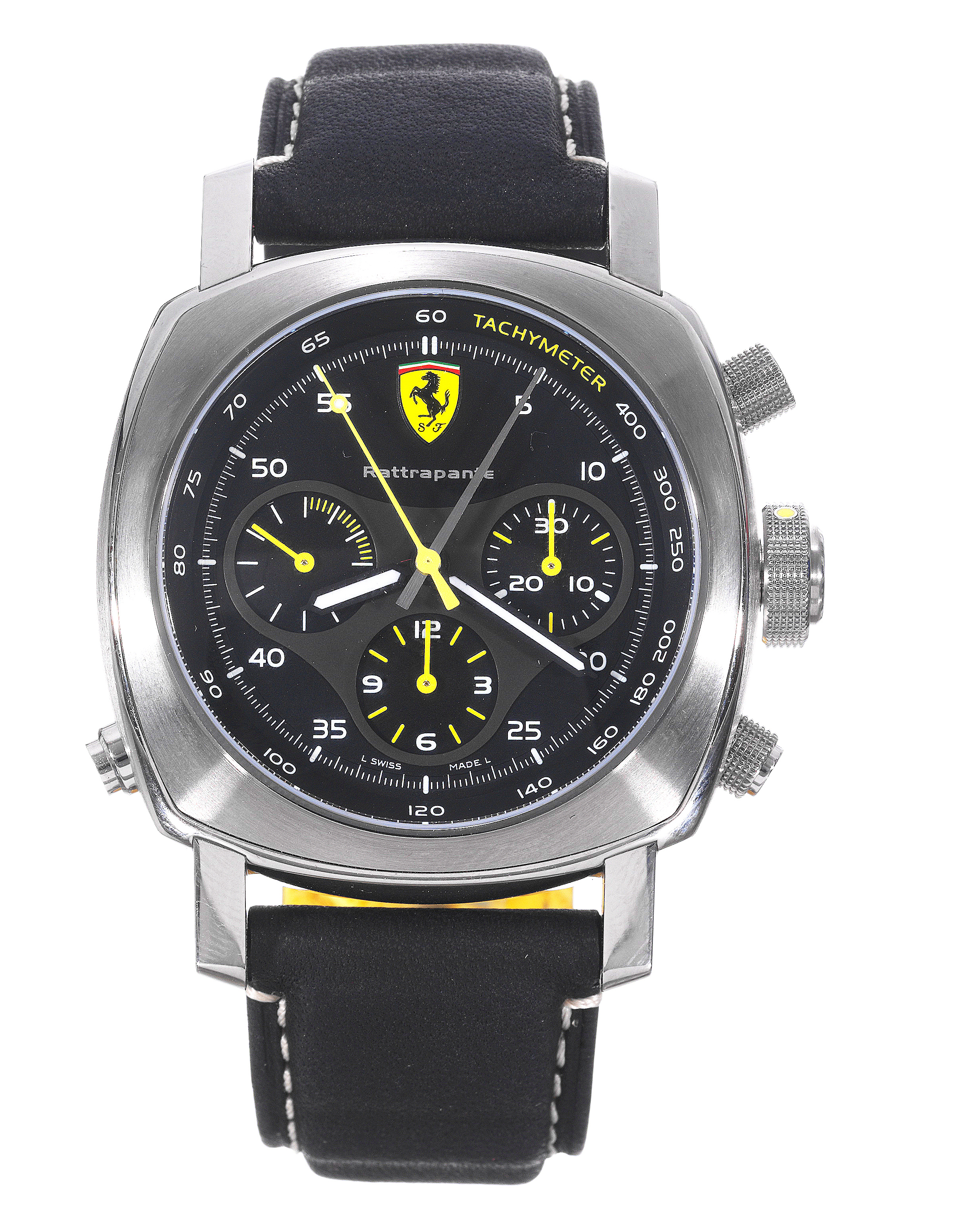 Fer 00010, Scuderia Rattrappante
Ferrari, Engineered byOfficine Panerai, ?Scuderia Rattrappante?,No. FA059/500, caseNo. BB1190915, Ref. 6657.Made
in a limited series of 500 examples circa 2006.
Fine, large, cushion-shaped, water-resistant, self-winding stainless steel wristwatch with round button split-chronograph, registers,
tachometer, and a stainless steel Officine Panerai double deployant clasp. Accompanied by guarantee, COSC certificate and
instruction booklet.