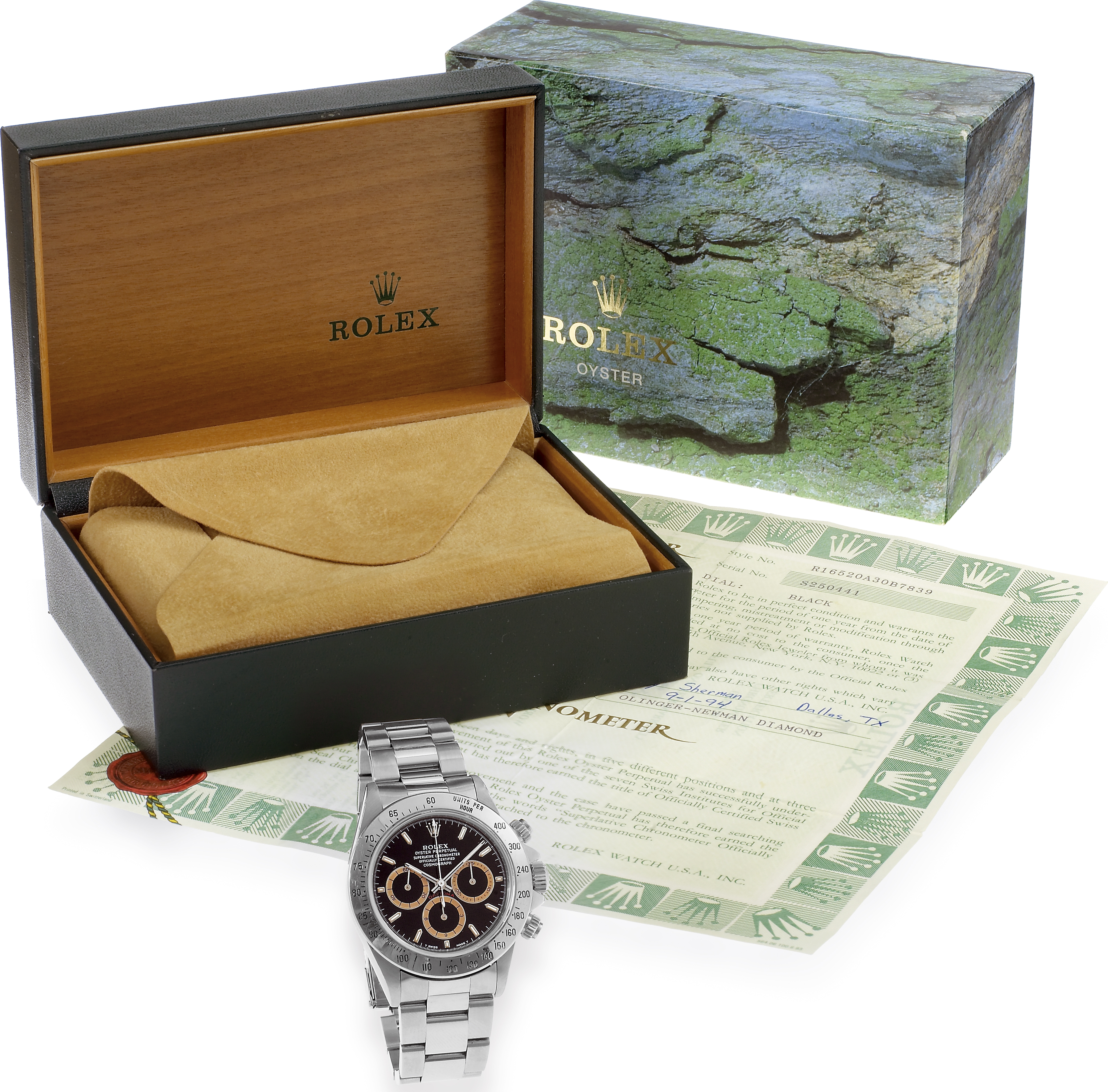 Ref. 16520 Color Change Mark II
Rolex, "Oyster Perpetual, Superlative Chronometer, Officially Certified, Cosmograph, Daytona", Ref. 16520. Made in
1993, sold on January 9, 1994.
Fine and rare, self-winding, water-resistant, stainless steel wristwatch with round button chronograph, registers, tachometer and a
stainless steel Oysterlock bracelet. Accompanied by the original fitted box and guarantee certificate (now void).