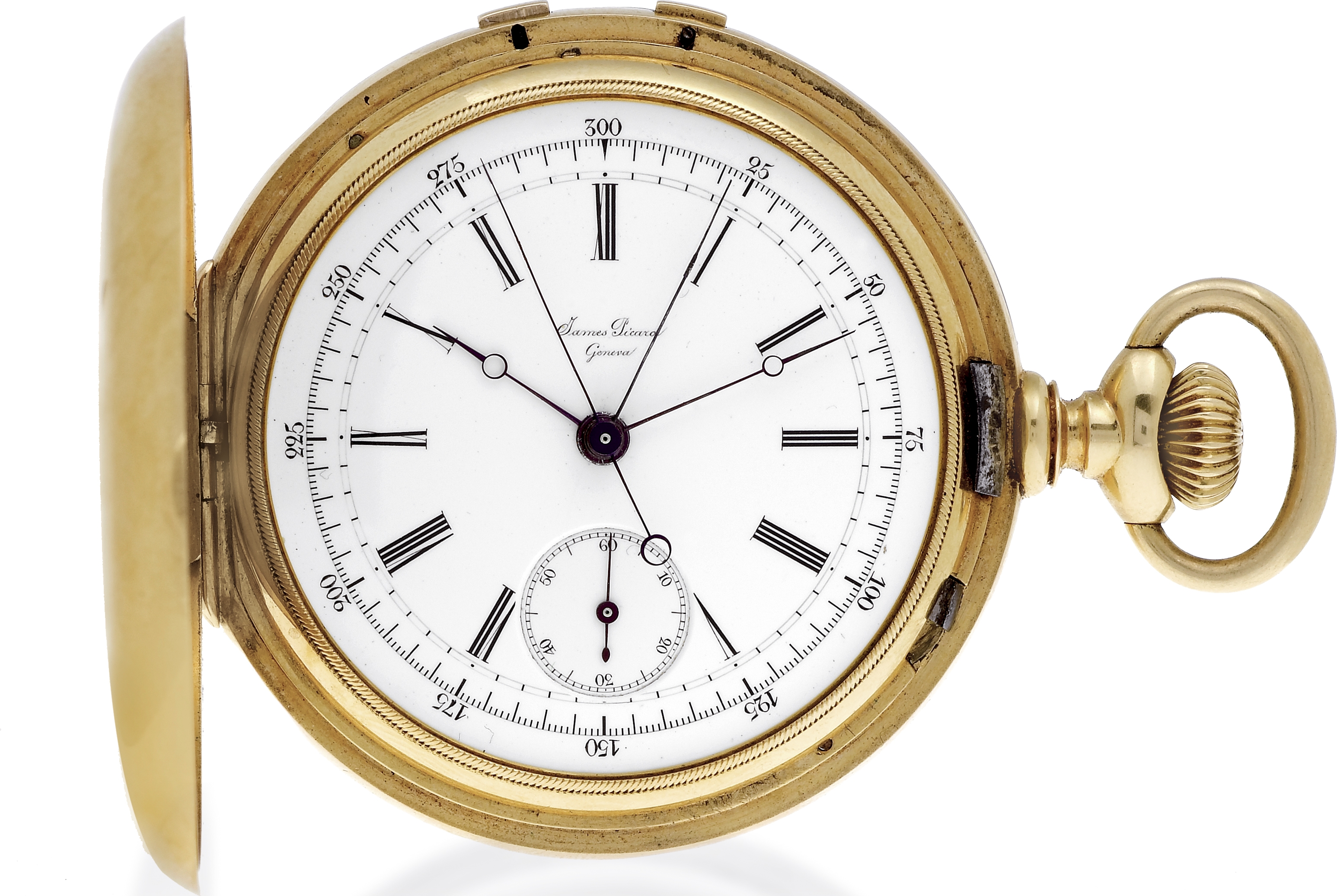 James Picard, Geneva, No. 2327, case No.
169769. Made circa 1880.
Fine, hunting-cased, keyless, 18K yellow gold pocket
watch with split-seconds chronograph. Accompanied
by a gold fob.