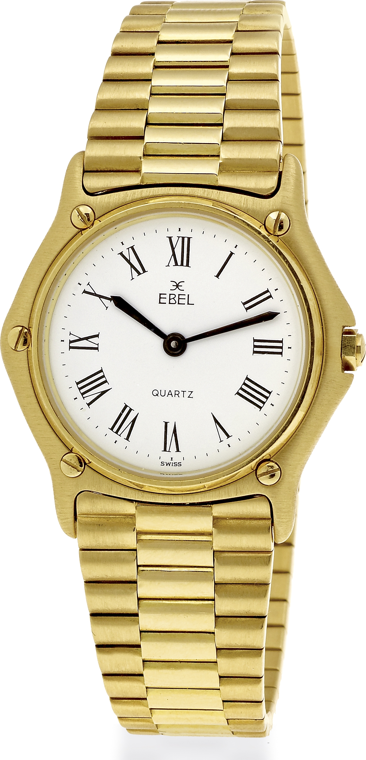 Ebel, ?1911?. Made in the 1990?s.
Fine and elegant, hexagonal and thin, 18K yellow
gold quartz wristwatch with an 18K yellow gold Ebel link
bracelet with clasp.