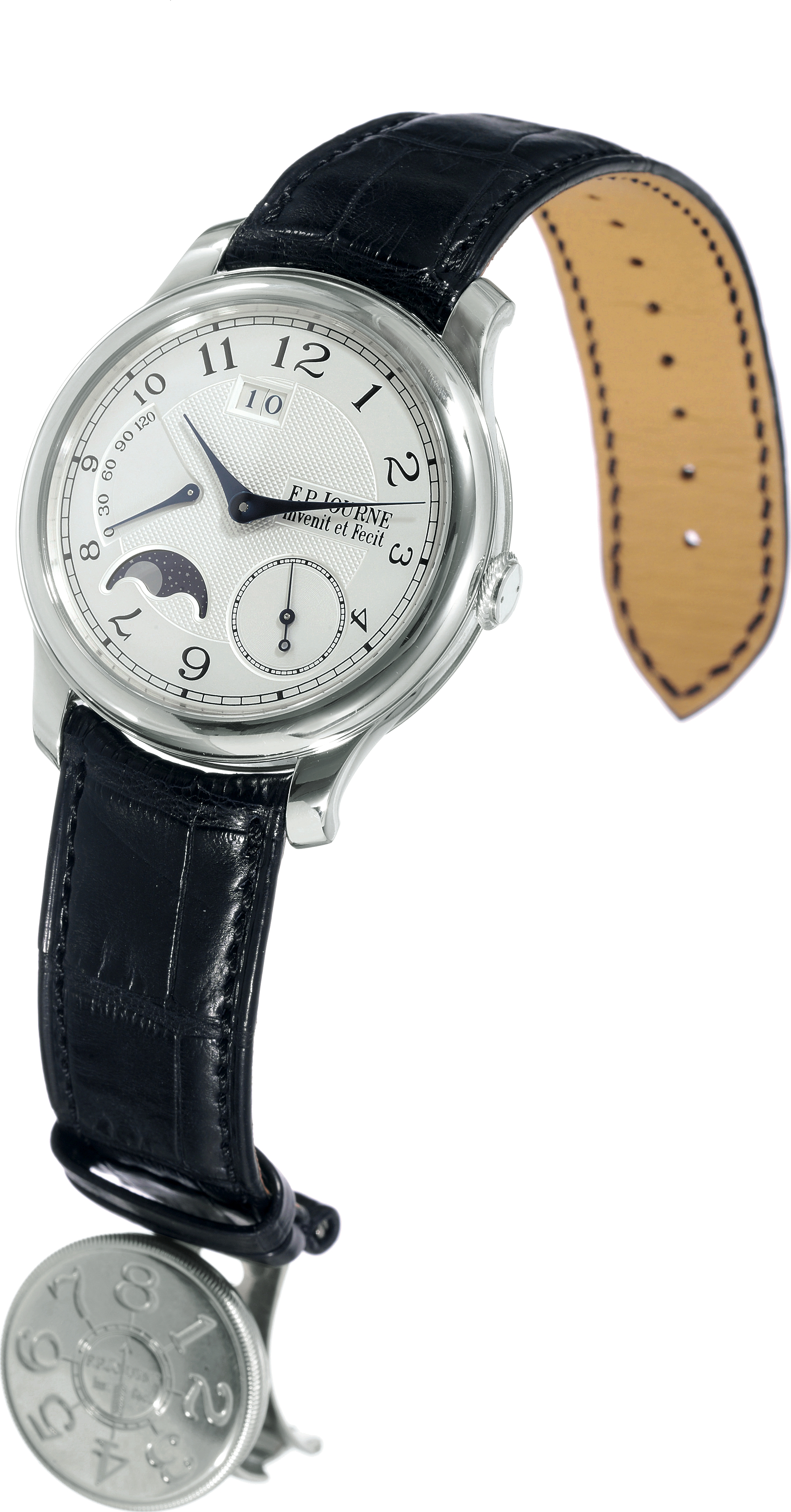 Octa Automatique Lune
F.P. Journe, "Invenit et Fecit", "Octa Automatique Lune", No. 021-AL.
Made in 2007.
Very fine and rare, self-winding, platinum chronometer wristwatch with 120-hour
power reserve, large date, moon phases and platinum F.P. Journe deployant clasp
graduated for micro-adjustment. Accompanied by a certificate.