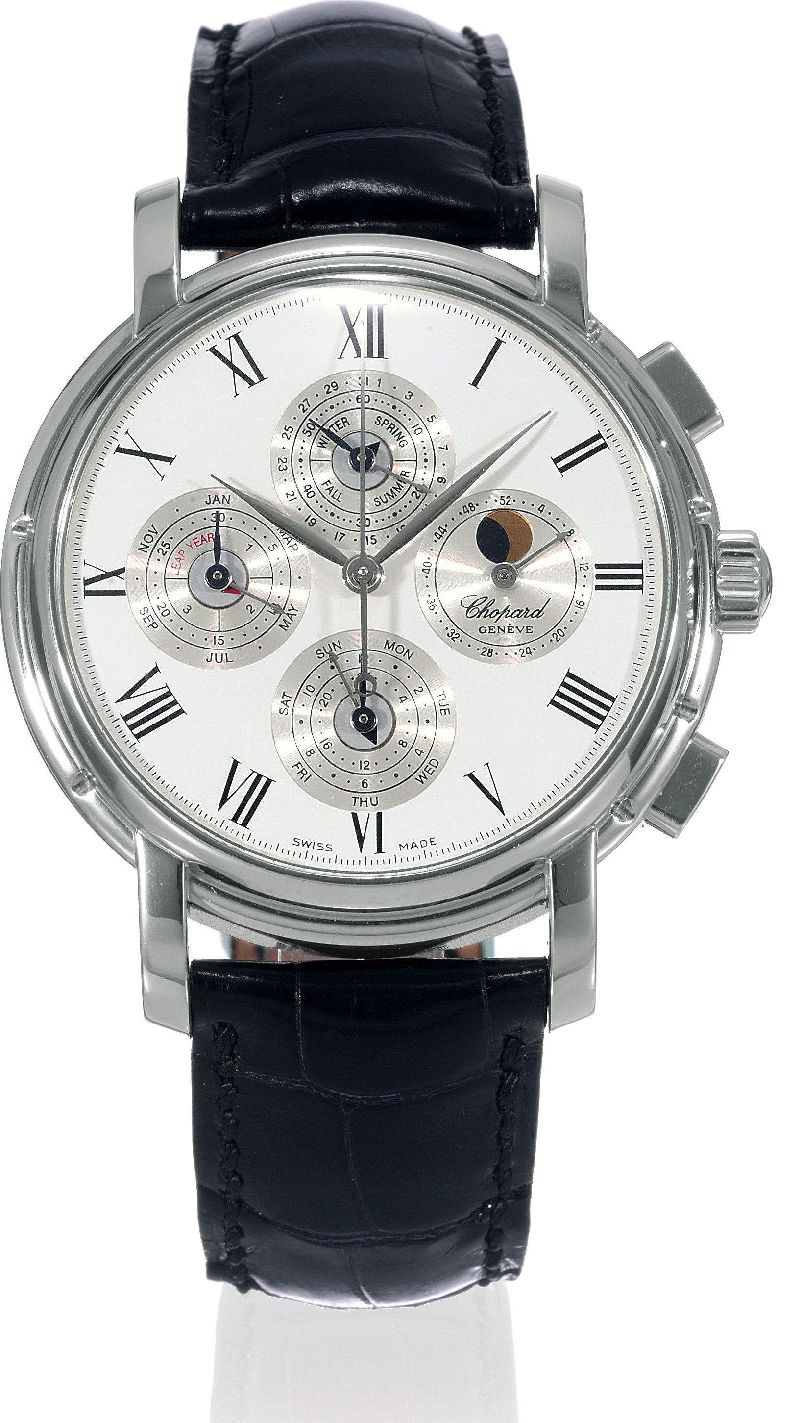Chronographe avec Quantième Perpétuel
Chopard, Genève, ?Chronographe avec Quantième Perpétuel?,
No. 36/50, movement No. 2654253, case No. 919950,
Ref. 36/1224. Made in a limited edition of 50 pieces circa 2000.
Very fine and rare, self-winding, water-resistant, platinum wristwatch
with square button chronograph, registers, perpetual
calendar, leap year, week, season and 24 hour indication, moon
phases and a platinum Chopard buckle. Accompanied by a
certificate.