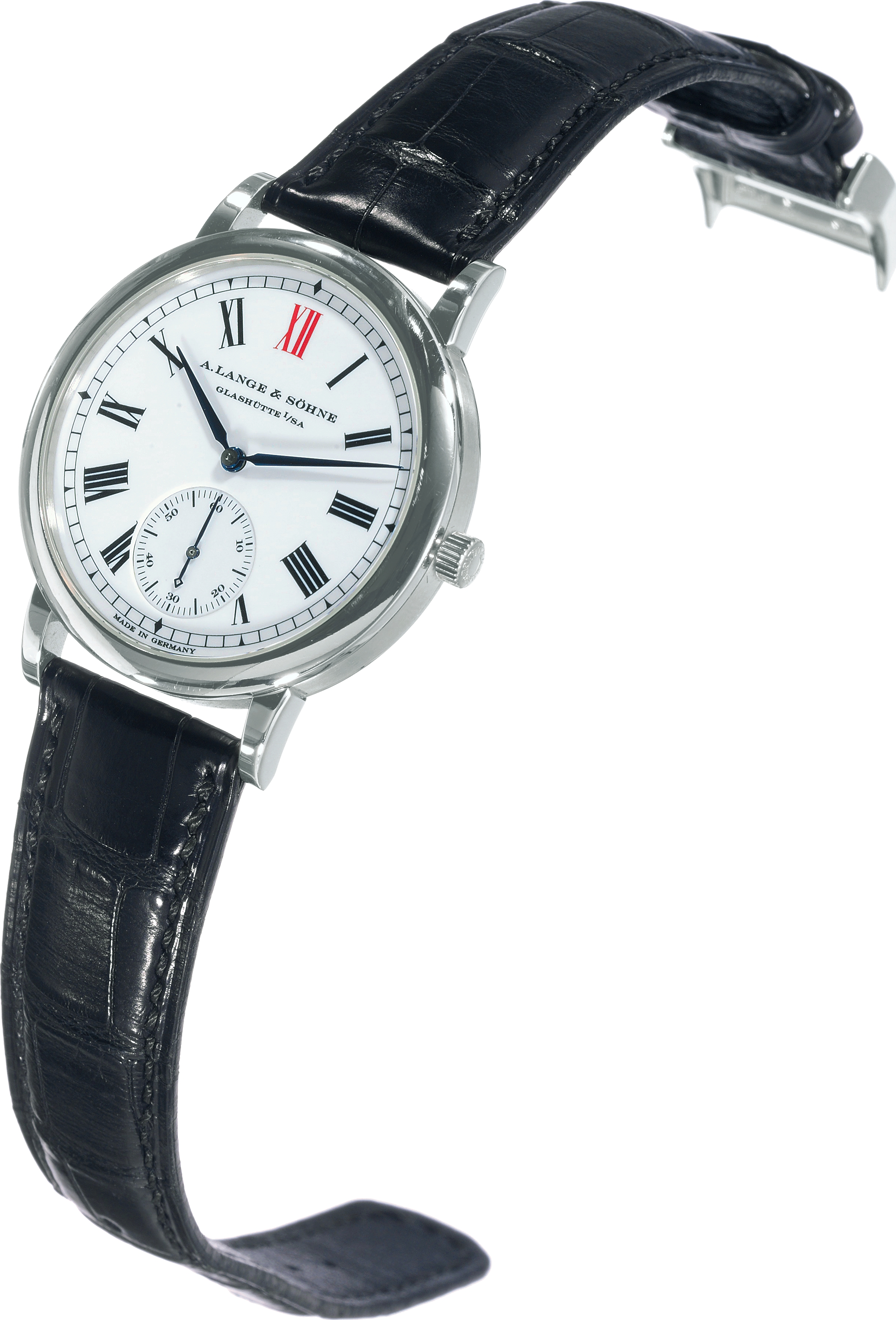 Anniversary Langematik
A. Lange & Söhne, Glashütte i. Sa., "Anniversary Langematik",
No. 310/500, Ref. 302.025. Made in a limited edition of
500 pieces to celebrate the new millennium in 2000.
Very fine and rare, self-winding, water-resistant platinum wristwatch
with zero-reset function and a platinum A. Lange & Söhne
buckle. Accompanied by a certificate and manual.