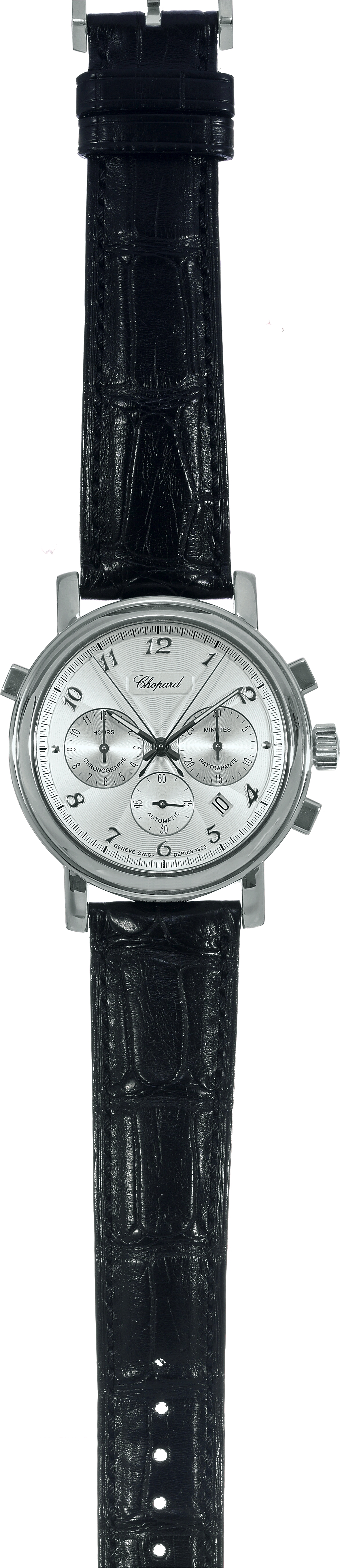 Chronographe Rattrapante
Chopard, Genève, "Chronographe Rattrapante",
Automatic, No. 06/25, Ref. 34/1243. Made in a
limited edition of 25 pieces in the 1990s.
Very fine and rare, self-winding, 18K white gold wristwatch
with square button split-seconds chronograph,
registers, date and an 18K white gold Chopard buckle.