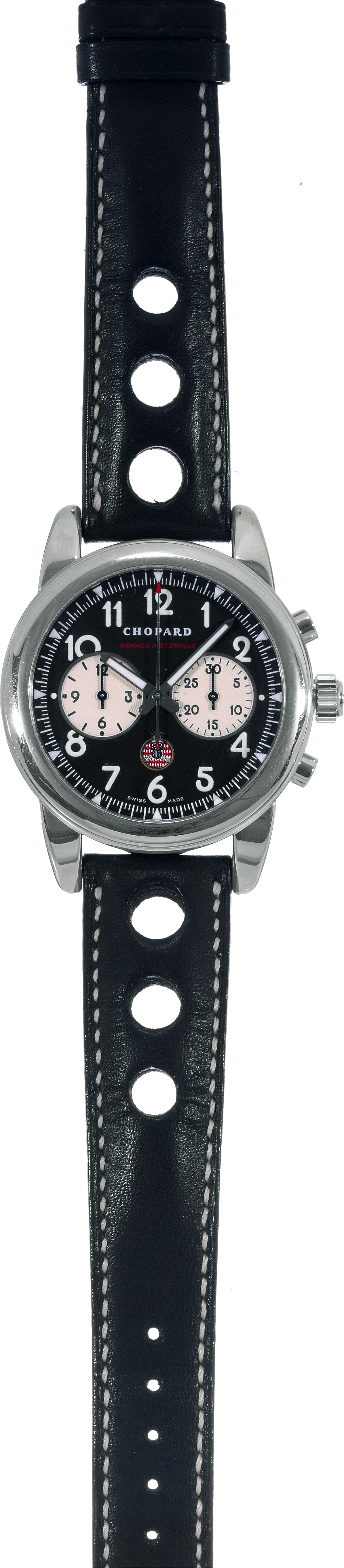 Monaco Historique
Chopard ?Mille Miglia
Grand Prix Monaco Historique?, No.
147/250, Ref. 16/1256. Made in 2005.
Fine and rare, self-winding, waterresistant,
18K white gold wristwatch with
round button chronograph, registers and an
18K white gold Chopard buckle. Accompanied
by a certificate and manual.