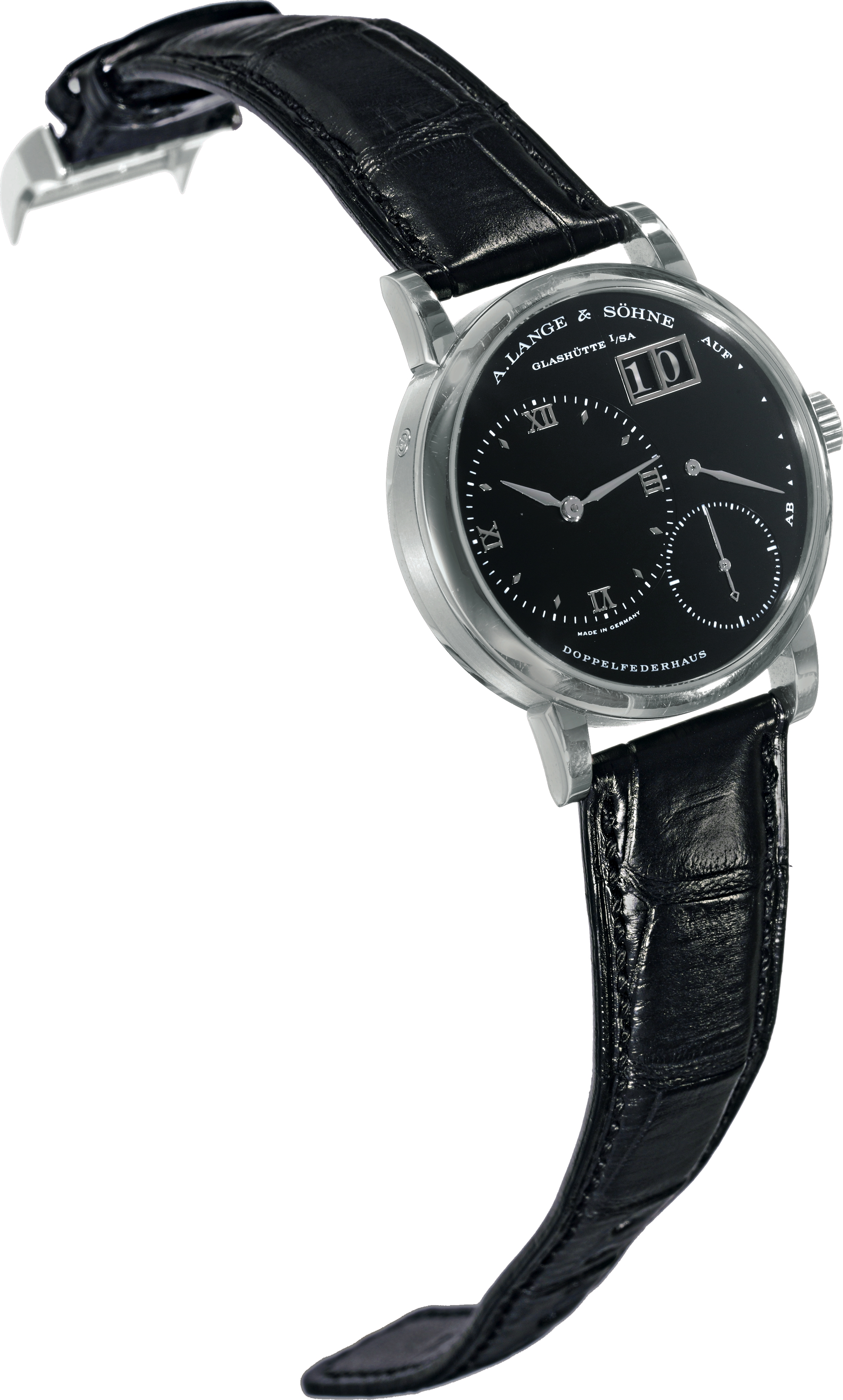 Kleine Lange 1
A. Lange & Söhne, Glashütte i. Sa., "Kleine Lange 1",
Ref. 111.025. Made in 1999.
Very fine and rare, platinum wristwatch with off-center hour dial,
oversized date, power-reserve indication and a platinum A.
Lange & Söhne buckle. Accompanied by a certificate and
manual.