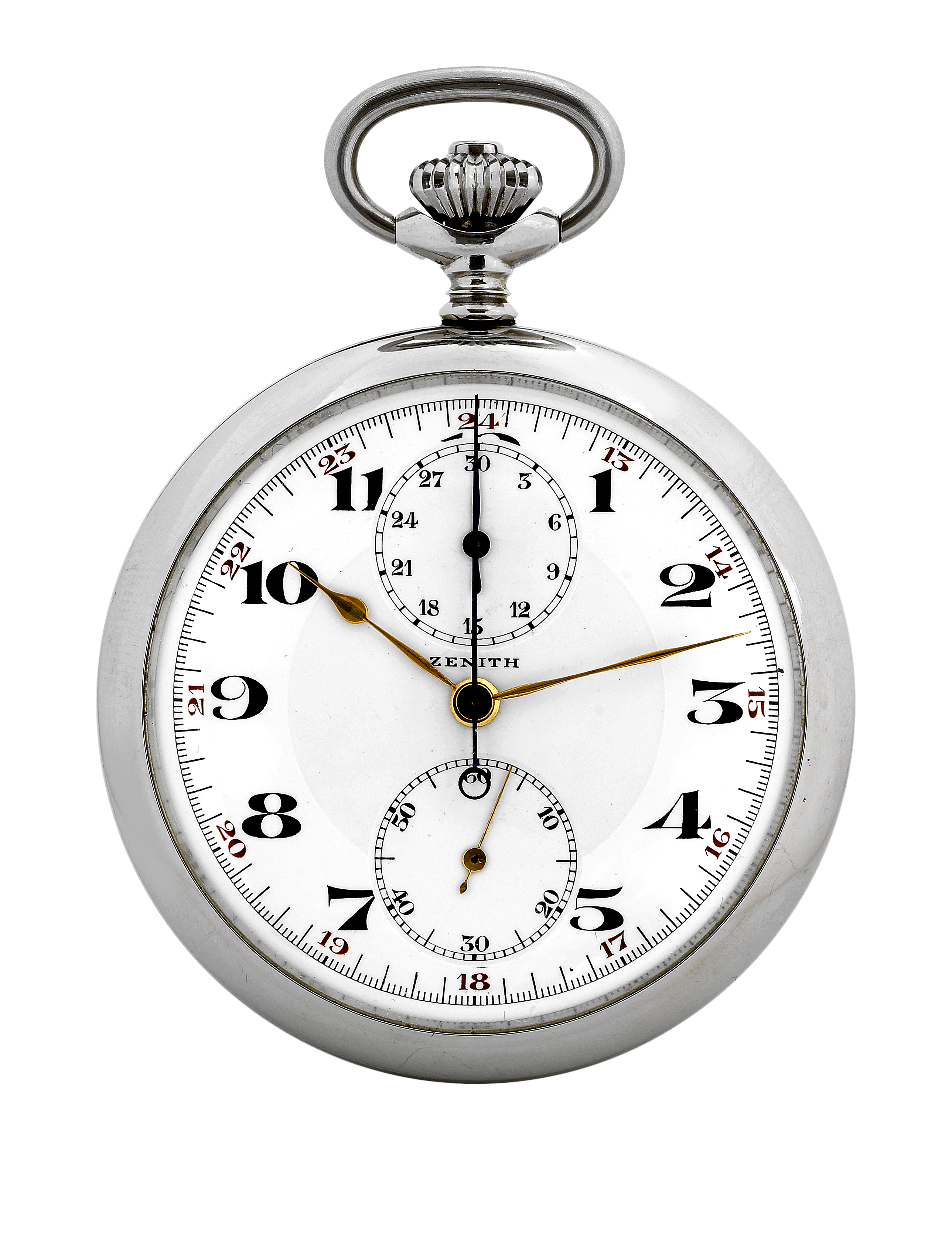 Staybrite Steel Chronograph,
Zenith, No. 3036700, case No. 8134326. Made circa 1935.
Fine, staybrite steel, keyless pocket watch with chronograph and 30-minute register.