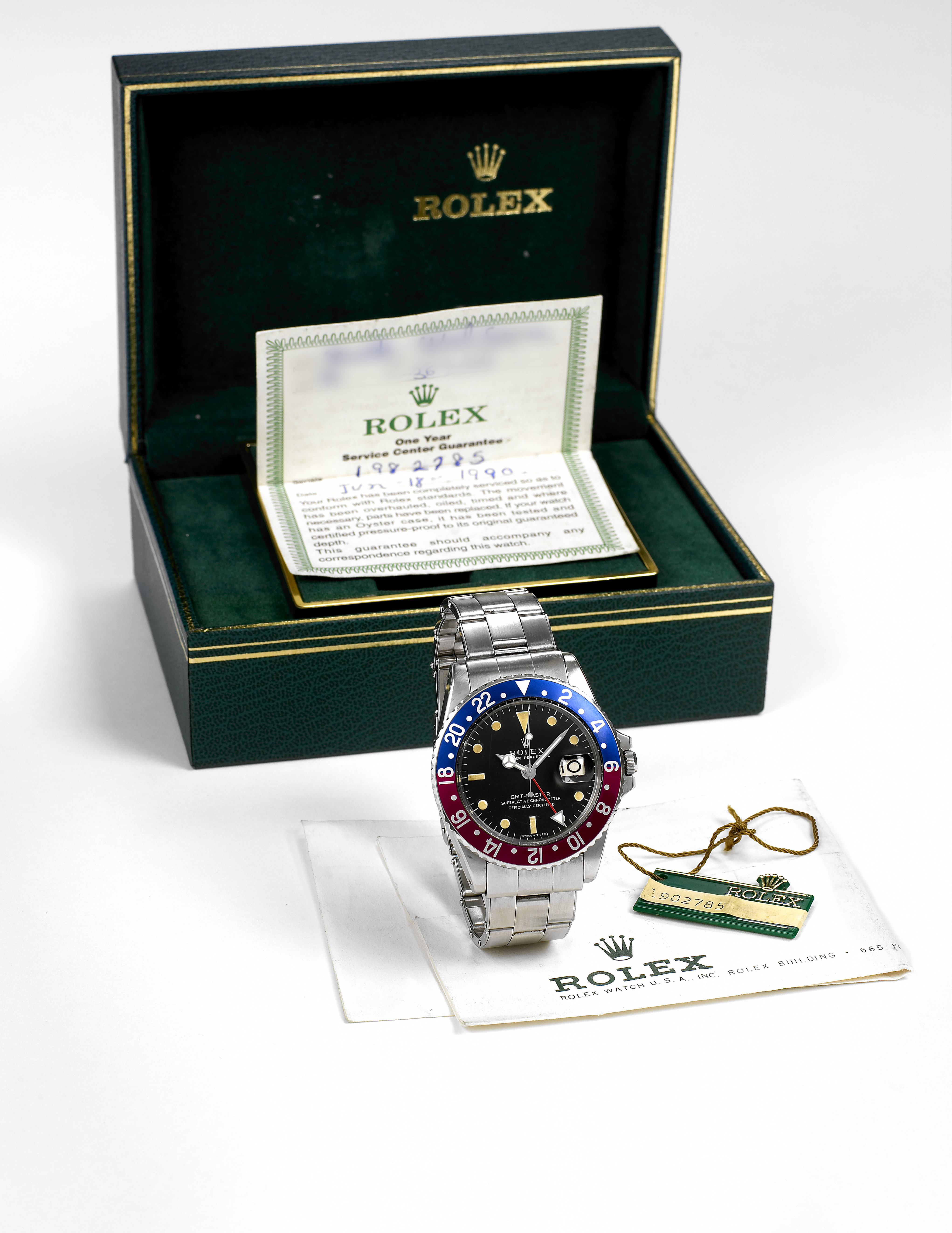 Ref. 1675, GMT-Master
Rolex, "Oyster Perpetual, GMT Master, Superlative Chronometer, Officially Certified,? Ref. 1675. Made in 1972.
Fine, two time zone, center seconds, self-winding, water-resistant, stainless steel wristwatch with date, special 24-hour bezel and hand and
a stainless steel Rolex Oyster bracelet. Accompanied by a fitted box and various documentation.