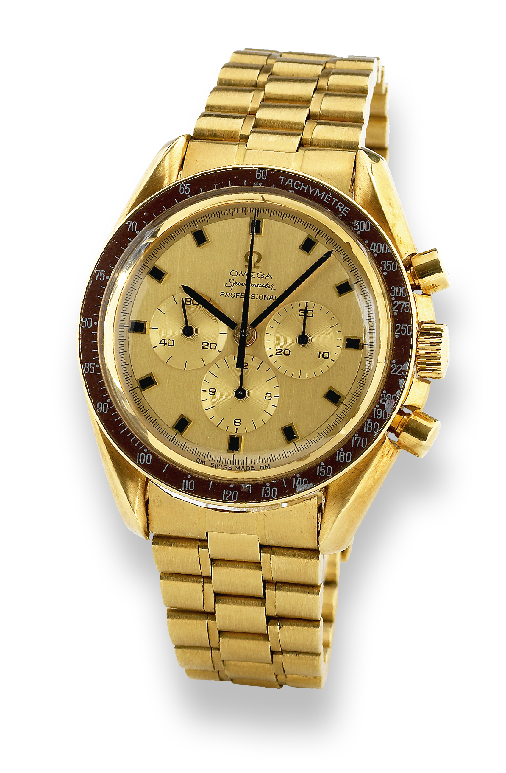 Yellow Gold Apollo XI Speedmaster Professional
Omega, No. 28080634, Ref. 145022-69. Made in 1969.
Fine, water-resistant, 18K yellow gold wristwatch with round button chronograph,
registers, tachometer and an 18K yellow gold Omega link bracelet.