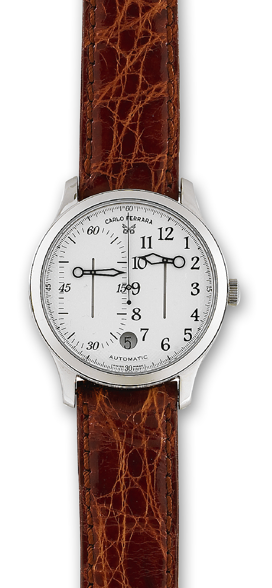 Regolatore
Carlo Ferrara, "Regolatore," Automatic, No. 0815.
Made in circa 2000.
Fine and very unusual, center seconds, self-winding, waterresistant,
stainless steel wristwatch with rise and fall hours
and minutes, date and a stainless steel Carlo Ferrara buckle.
Accompanied by the original box and Guarantee.