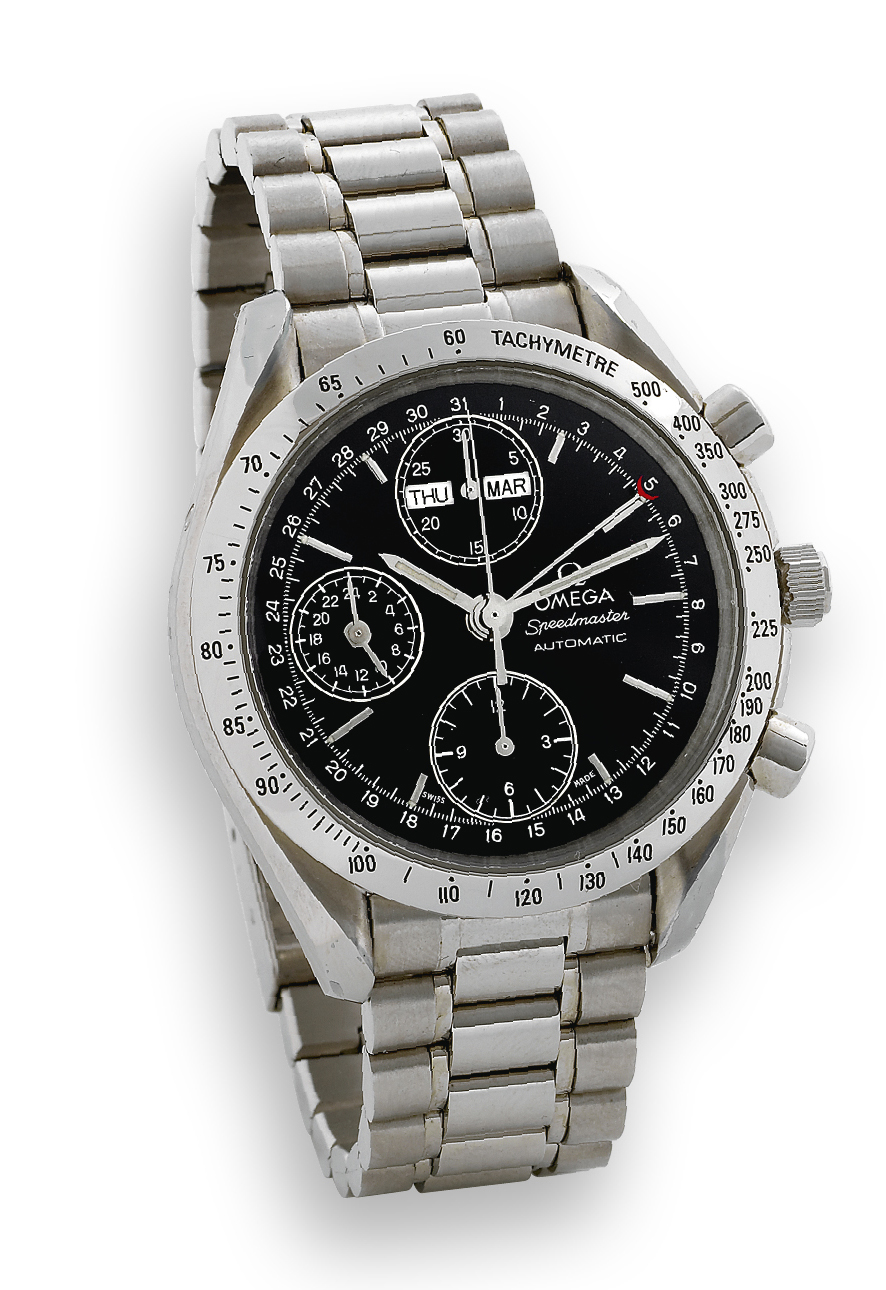 Speedmaster Automatic, Triple Date
Omega, Speedmaster - Automatic, Triple Date, case
No. 55942675, Ref. 175 0044. Made in the late 1990s.
Fine, self-winding, stainless steel wristwatch with round button
chronograph, registers, triple date, steel bezel with tachometer
and a stainless steel Omega link bracelet.