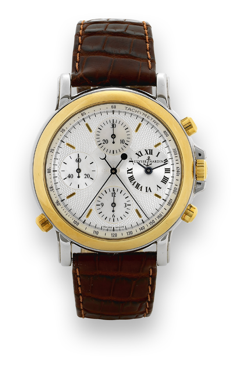 Split - Chrono Berlin 1907
Ulysse Nardin, Le Locle, Suisse, "Split - Chrono
Berlin 1907," No. 195, Ref. No. 575-22. Made in the late
1990s.
Very fine, large, self-winding, water-resistant to 30 meters,
stainless steel and 18K yellow gold wristwatch with round
button split-seconds chronograph, registers, tachometer and
a gold-plated Ulysse Nardin buckle. Accompanied by a fitted
box, certificate and instruction manual.