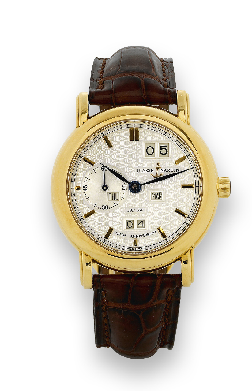 Yellow Gold Perpetual Ludwig
Ulysse Nardin, Locle & Genève, "Perpetual
Calendar, Automatic," No. 094/150, Ref. 331-88. Made in a
limited edition of 150 pieces in 1999.
Very fine, self-winding, water-resistant, 18K yellow gold
wristwatch with perpetual calendar and an 18K yellow gold
Ulysse Nardin deployant clasp. Accompanied by the original
wooden box, Official Chronometer Certificate, Certificate of
Limited Edition and instruction booklet.