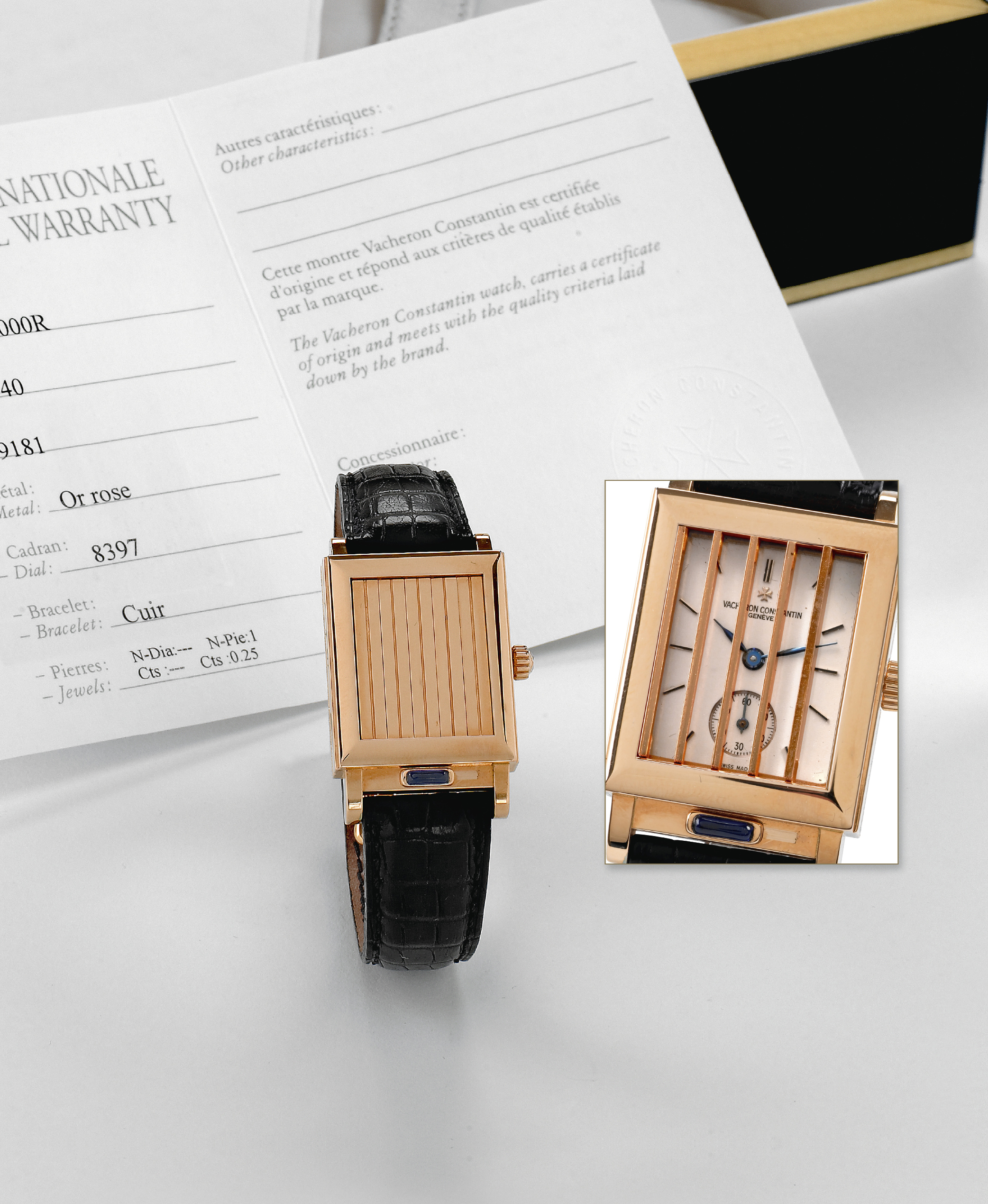 Jalousie
Vacheron Constantin, Genève, "Les Historiques, Jalousie,? No. 859181, case No. 682440, Ref. 91002. Made in
the 1990s.
Very fine and unusual, rectangular, water-resistant, 18K pink gold wristwatch with concealed dial "à volets" and an 18K pink gold
Vacheron Constantin double deployant clasp. Accompanied by a box fitted and certificate.
