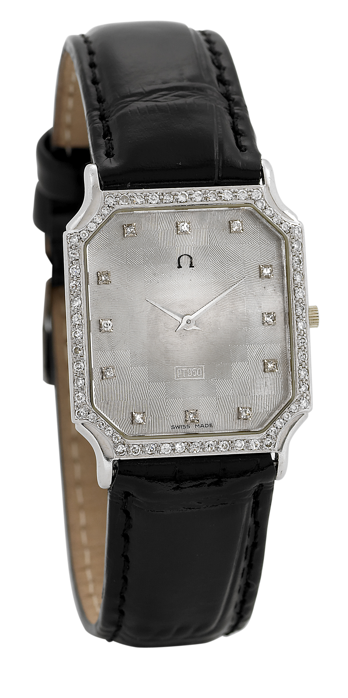 Platinum
Omega Quartz, case No. 1378. Made in the 1980s.
Fine, rectangular, very thin, platinum and diamond quartz wristwatch.