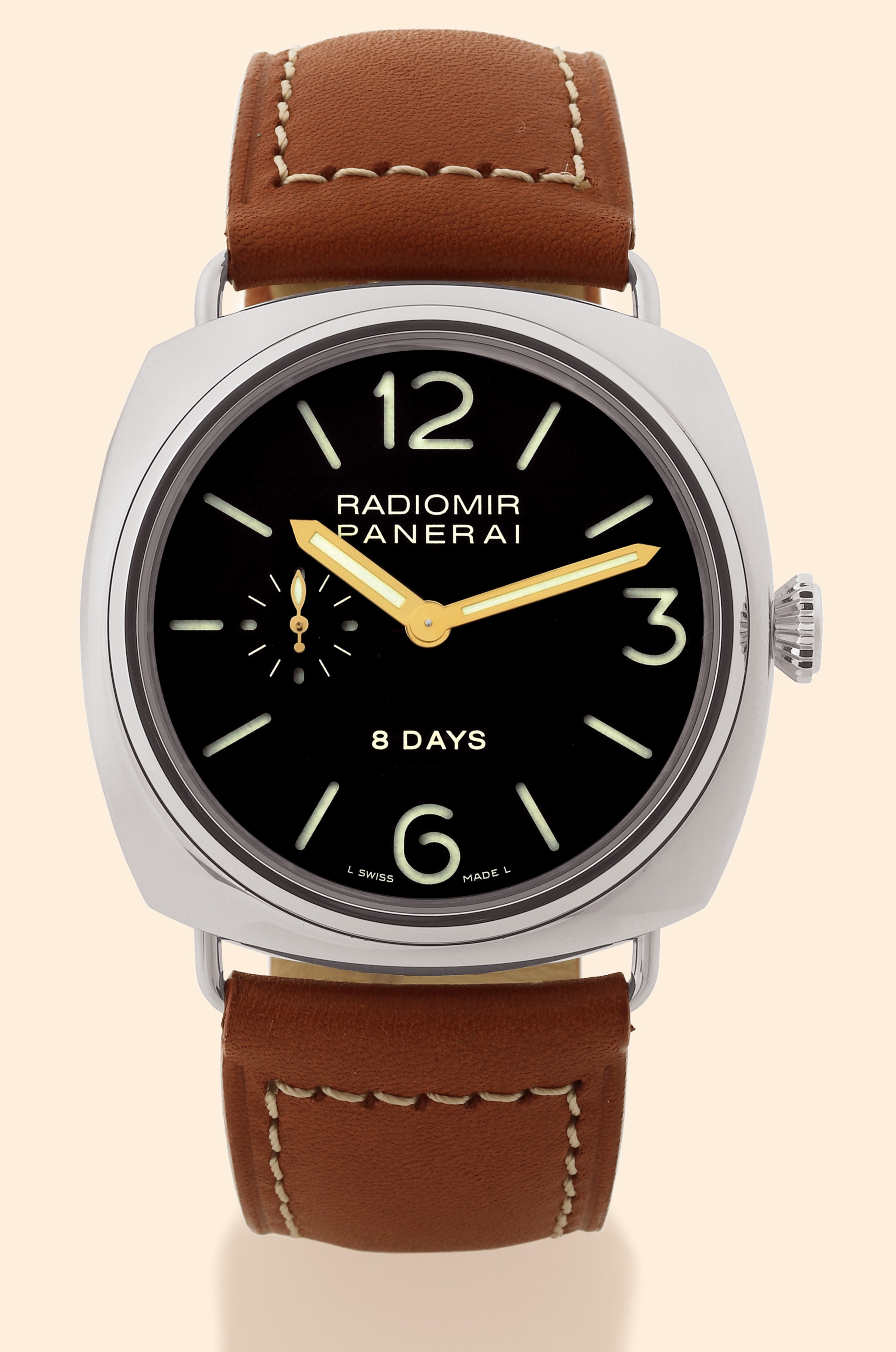 "Radiomir 8 Days"
Officine Panerai, Firenze 1860,
"Radiomir 8 Days", No. G 417/550,
Ref. OP 6609. Made in a limited edition of 550 examples
in 2004.
Fine and rare, large, cushion-shaped, water-resistant, stainless
steel diver's wristwatch with a stainless steel Panerai
buckle.