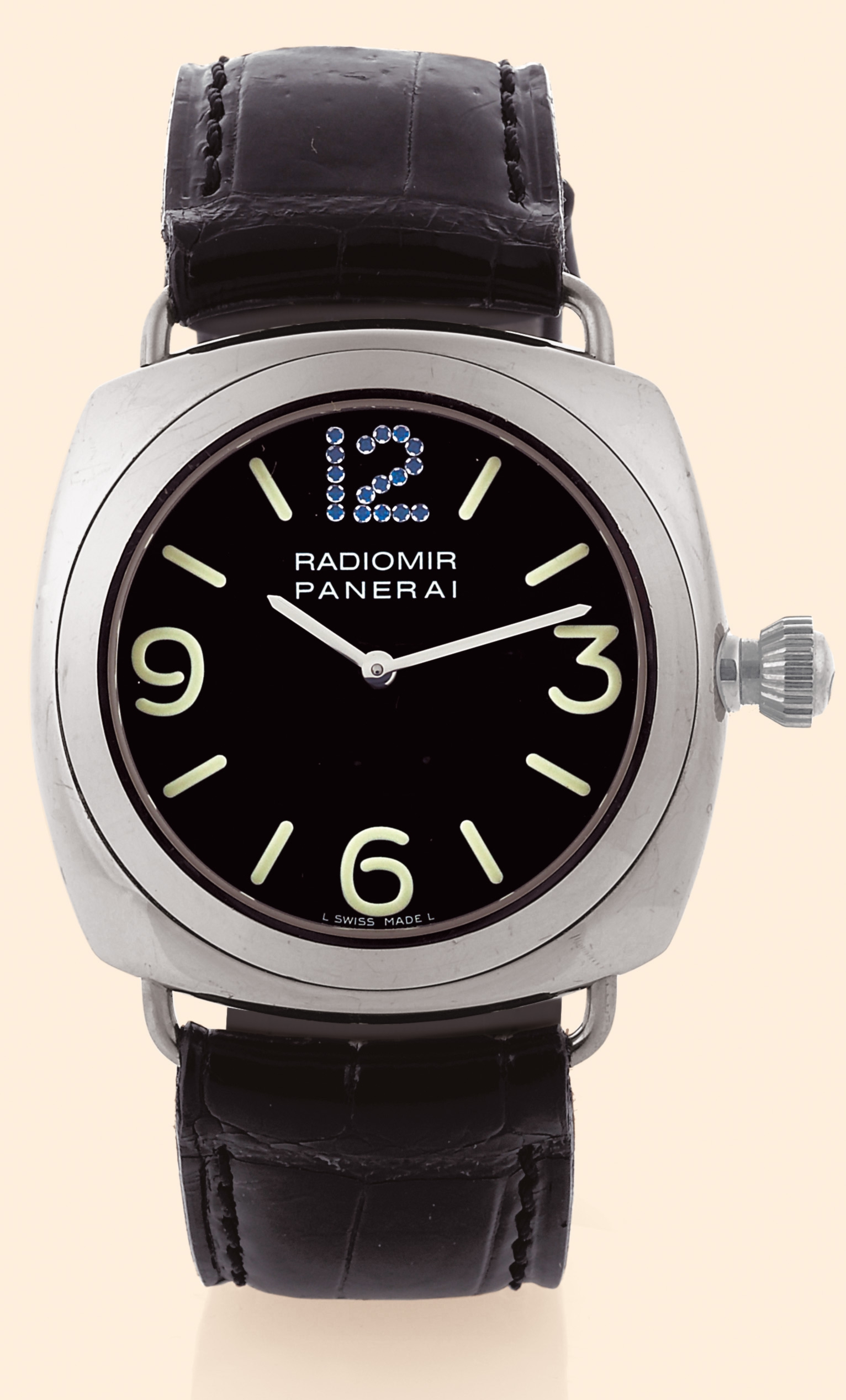 "Radiomir - Sapphiri"
Officine Panerai, Firenze 1860, "Radiomir - I
Sapphiri della Officine Panerai", No. D 42/70,
Ref. OP 6543. Made in a limited edition of 70 examples in 2001.
Very fine and very rare, large, cushion-shaped, self-winding,
water-resistan, 18K white gold and sapphires diving wristwatch
with a white gold Panerai buckle. Accompanied by a
fitted box.