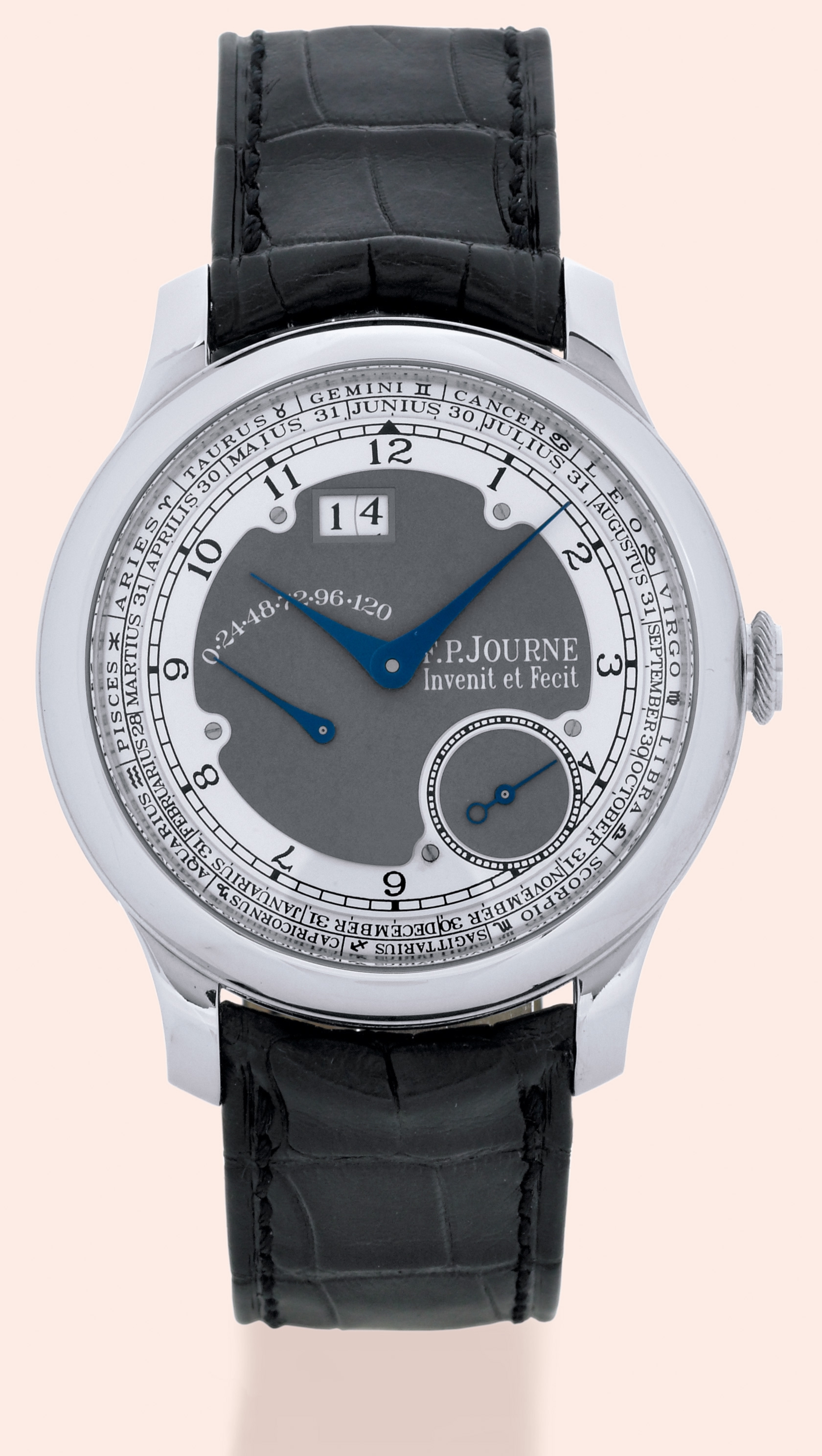 ?Zodiaque?
F. P. Journe, "Invenit et Fecit", "Zodiaque",
No. 059/150- Z. Made in a limited edition of
150 examples in 2004.
Very fine and rare, self-winding, platinum gentleman's
chronometer wristwatch with month and Zodiac indication,
power-reserve, large date and a platinum F. P. Journe buckle.
Accompanied by a fitted box and a certificate.