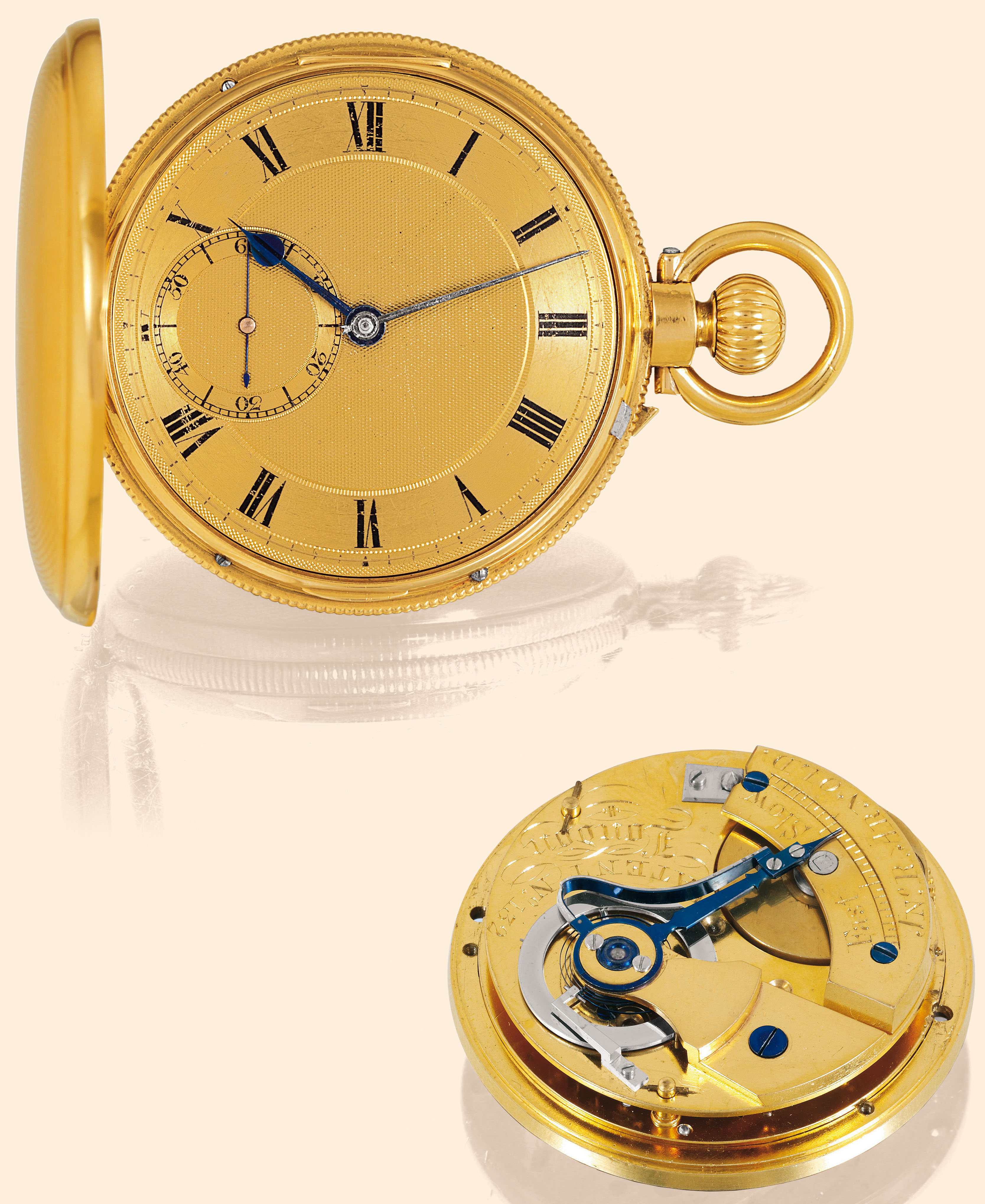?Early Keyless Winding, Universal Temperature
Compensation?
John Roger Arnold, London, Patent No. 132. The case
by Thomas Hardy with London hallmarks for 1825.
Very fine and rare, 18K gold, early keyless pocket watch with ruby cylinder
escapement, early keyless winding system, and unusual temperature compensation
.