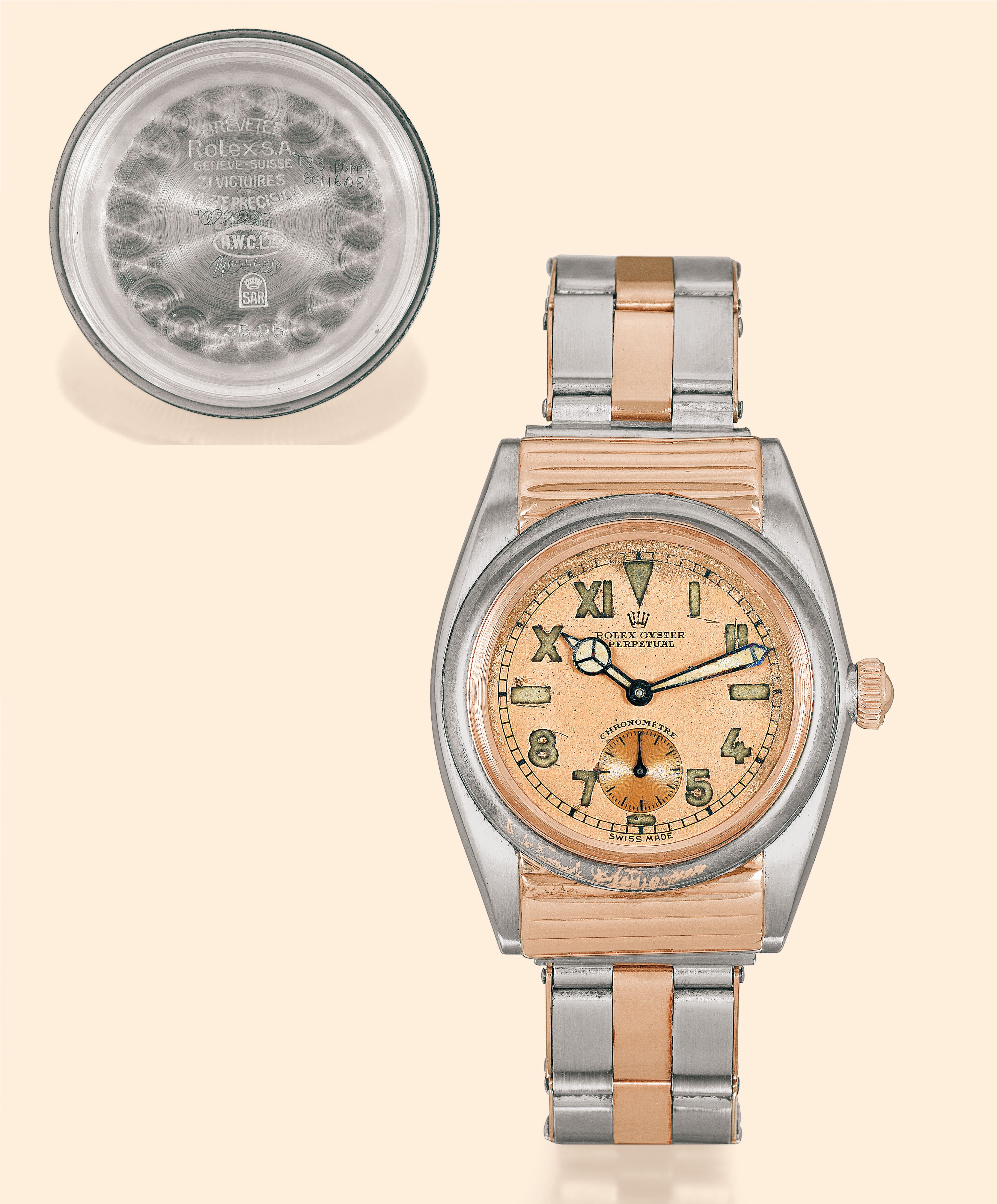 Ref. 3595 ?Rigid Hooded, Army Dial?
Rolex, ?Oyster Perpetual Chronomètre?, ?Rigid
Hooded?, Ref. 3595. Made in the 1930s.
Very fine, tonneau-shaped, self-winding, water-resistant,
stainless steel and 18K pink gold gentleman's wristwatch
with a stainless steel and 18K pink gold Rolex Oyster riveted
expanding bracelet.