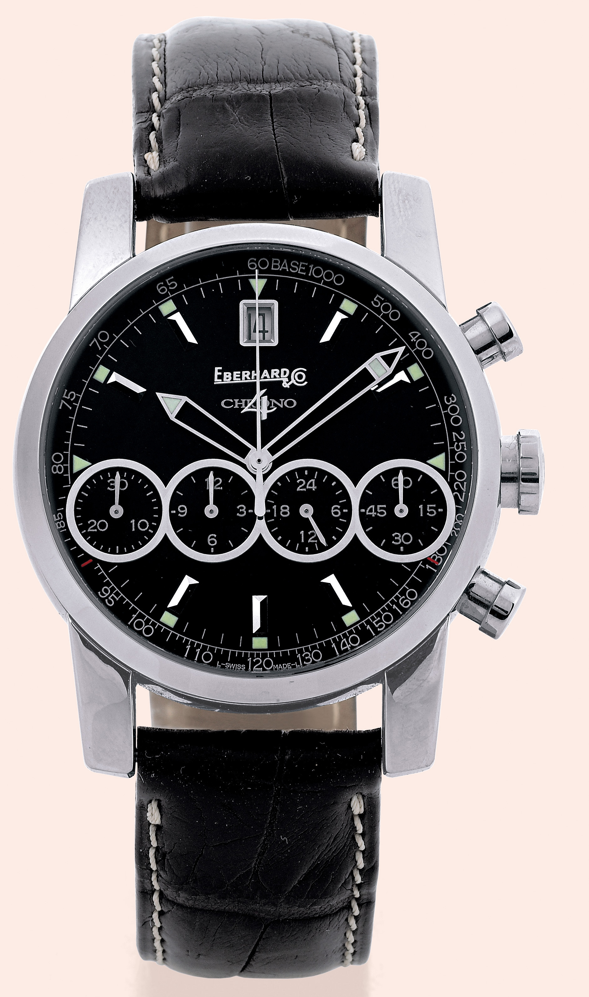 "Chrono 4"
Eberhard & Co., La Chaux-de-Fonds, "Chrono
4", Ref. 31041. Made in the 2000s.
Fine and unusual, self-winding, water-resistant, stainless
steel gentleman's wristwatch with round button chronograph,
registers, tachometer, date and a stainless steel
Eberhard & Co buckle.