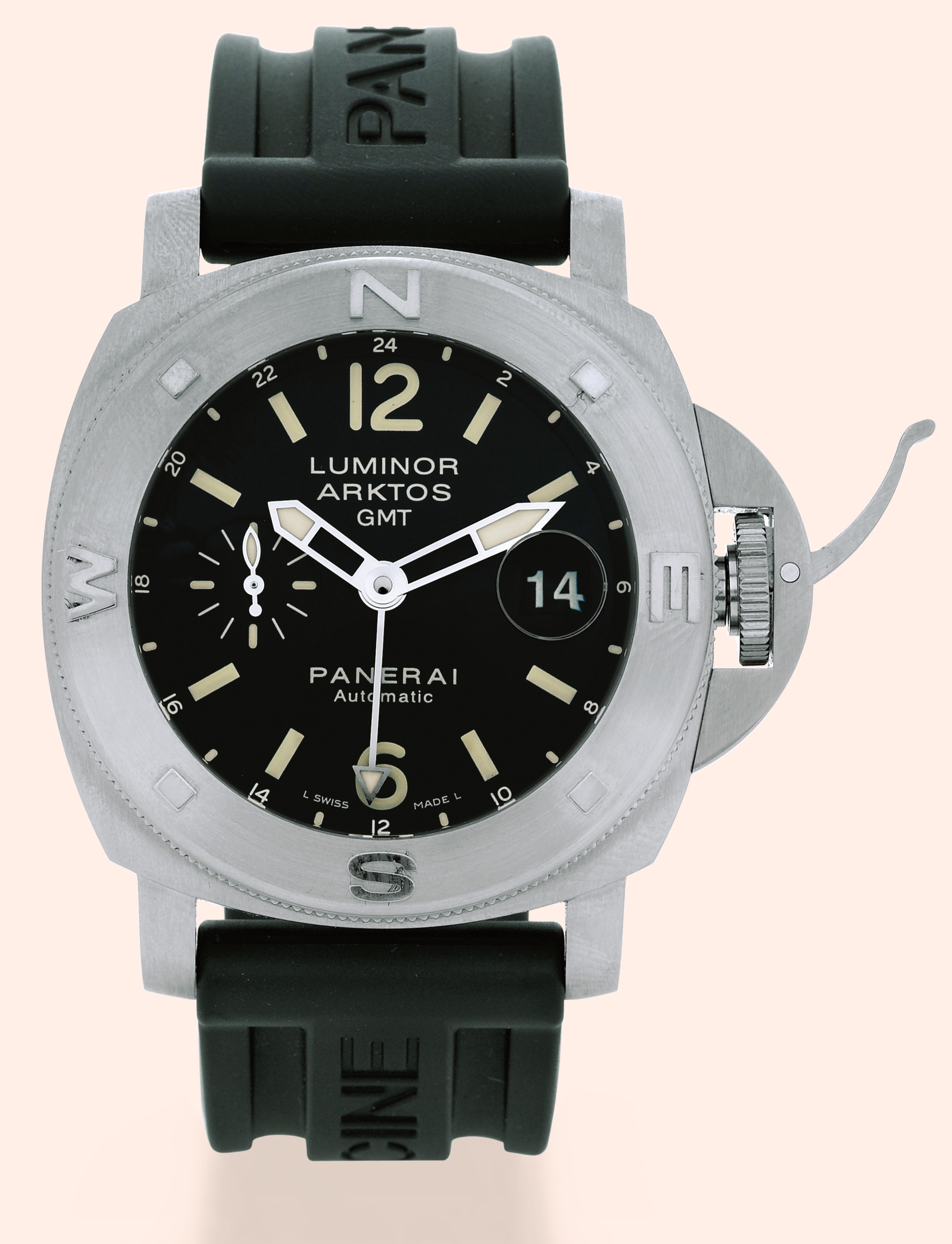 "Luminor Arktos GMT"
Officine Panerai, Firenze 1860, "Luminor Arktos
GMT", No. H 336/500, Ref. OP 6606. Made
in a limited edition of 500 examples in 2005 to commemorate
the Mike Horn "Arktos" expedition.
Fine, large, cushion-shaped, two-time zone, self-winding,
anti-magnetic, water-resistant, stainless steel "Expedition"
wristwatch with date, special independently adjustable 24
hour hand for the second time zone, cardinal point bezel and
a stainless steel Panerai deployant clasp. Accomp