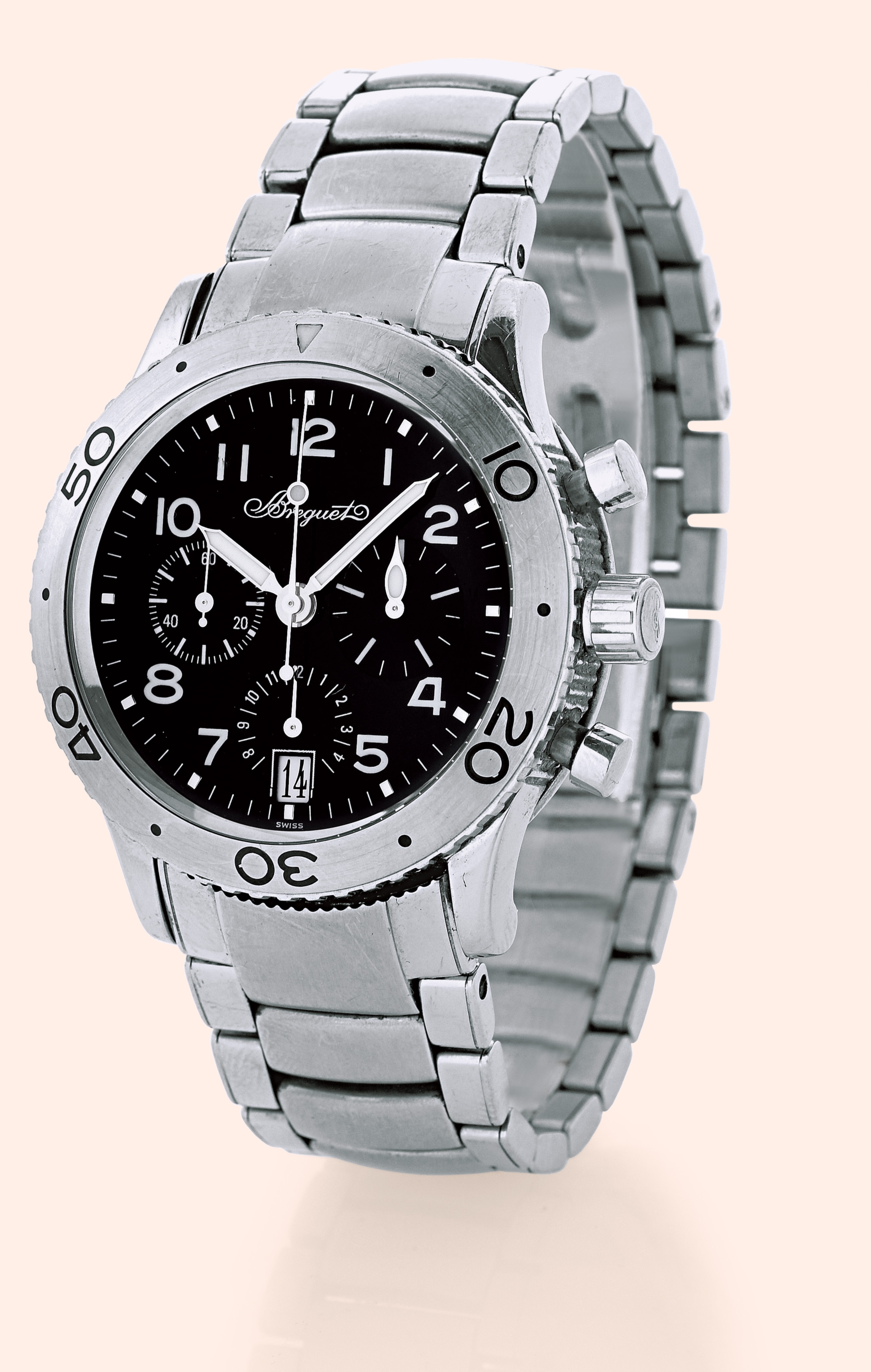 "Type XX"
Breguet, "Transatlantique - Type XX",
Automatic, Ref. 3820. Made in the late
1990s.
Fine, self-winding, water-resistant, stainless steel militarytype
wristwatch with fly-back round button chronograph,
registers, date and a Breguet stainless steel link bracelet.