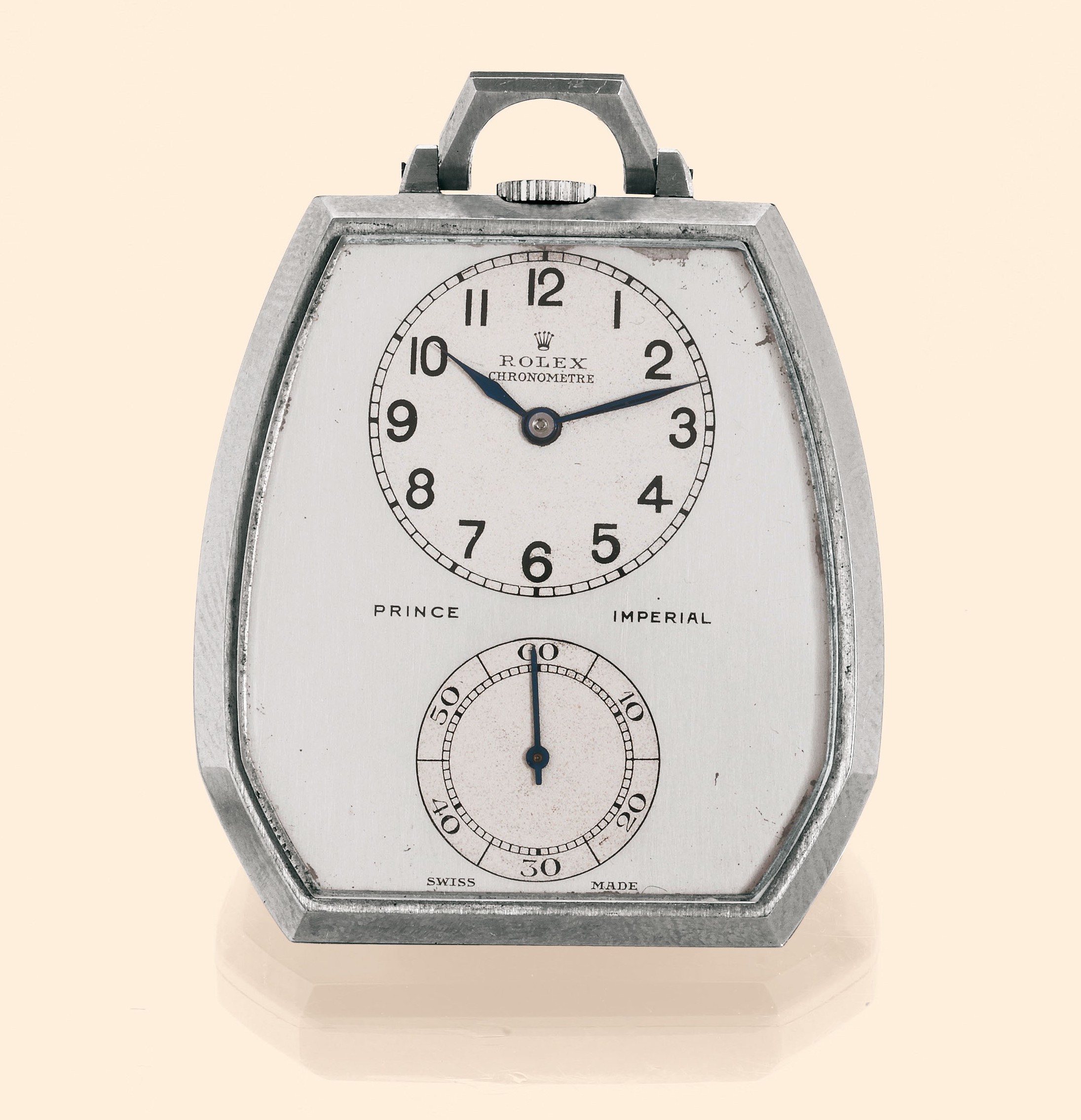 Ref. 1645 Rolesium
?Prince Imperial?
Rolex, "Chronomètre
Prince Imperial" Ref. 1645, case No.
1003800. Made circa 1940.
Fine, Rolesium steel, keyless dress
pocket watch with ?Class A? Ultra
Prima movement.
