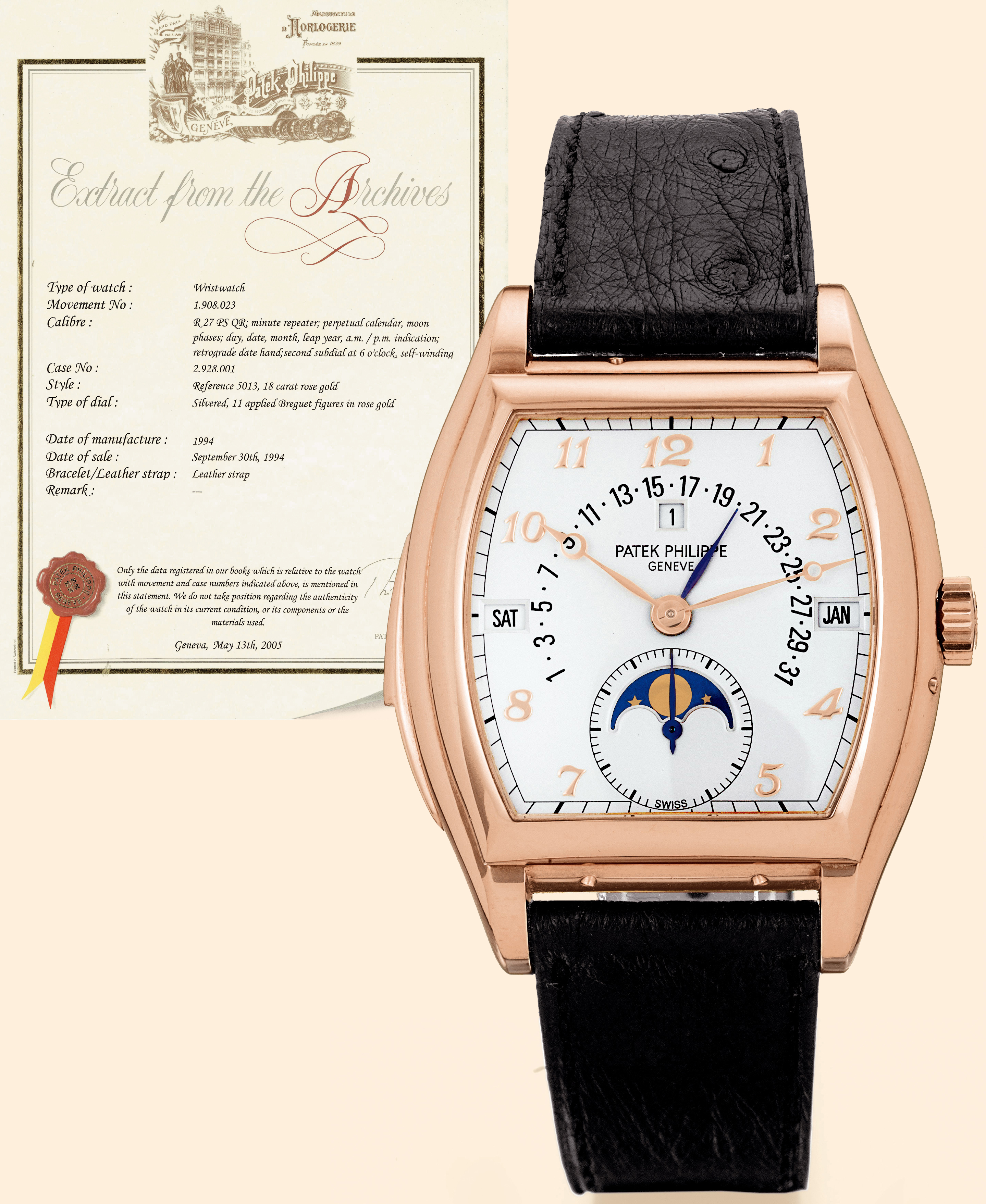 "5013"  Patek Philippe & Cie, Genève, No. 1908023, case No. 2928001, Ref. 5013. Made in 1994. Very fine and important, astronomical, minute repeating, self-winding, tonneau-shaped, 18K pink gold gentleman's wristwatch with perpetual calendar and moon phases, retro-grade date, leap year display and an 18K pink gold Patek Philippe buckle. Accompanied by an Extract from the Archives and a fitted wooden box.