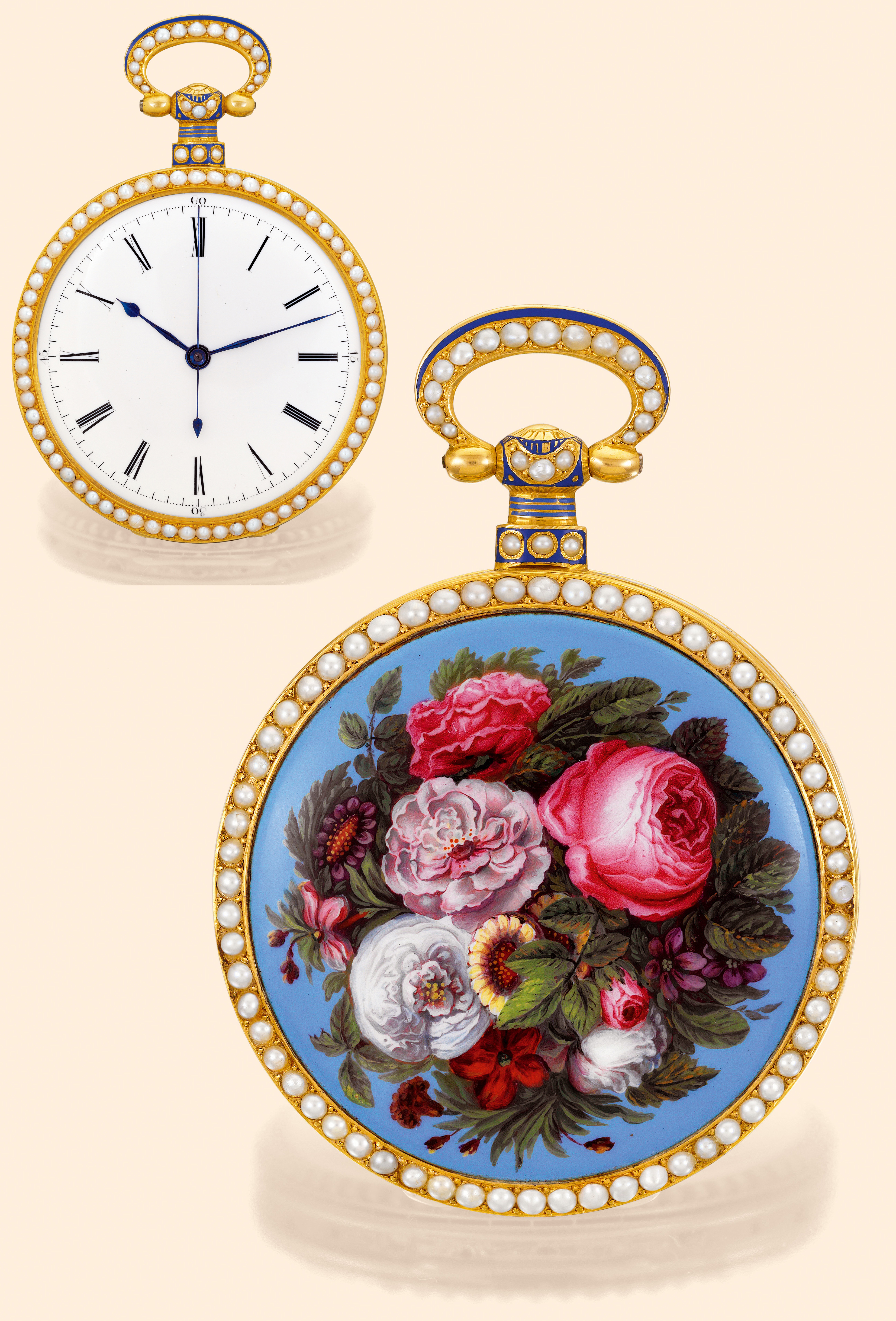 "Peony Bouquet"  Bovet, Fleurier. Made for the Chinese market, circa 1850. Very fine, 18K gold and painted on enamel, pearl-set center-seconds pocket watch with duplex escapement.