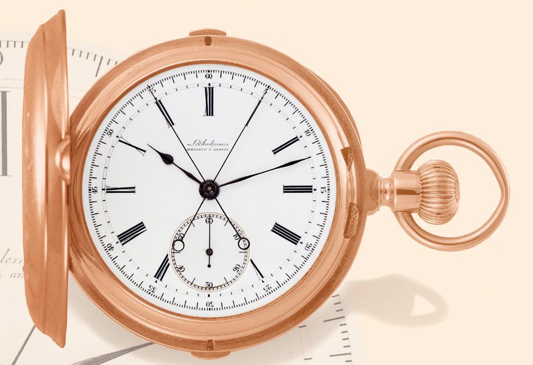 Louis Audemars, Brassus & Geneva,  No. 13149. Made in the 1880s. Very fine, hunting cased, keyless, 18K pink gold pocket watch with split-seconds chronograph.