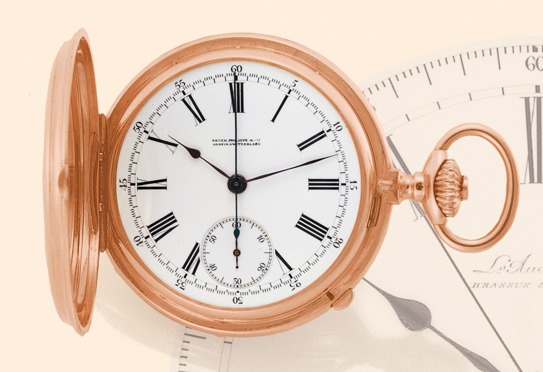 Patek Philippe & Co., Geneva, No. 62524,  case No. 205070. Made in the 1880s. Very fine, hunting cased, keyless, 18K pink gold pocket watch with chronograph.