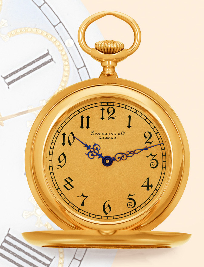 Patek, Philippe & Co., Genève, No. 100854, case No. 211925. Retailed by Spaulding & Co. Chicago,  circa 1902. Fine and rare 18K yellow gold keyless half open-faced pocket watch. Accompanied by a fitted box and an Extract from the archives .