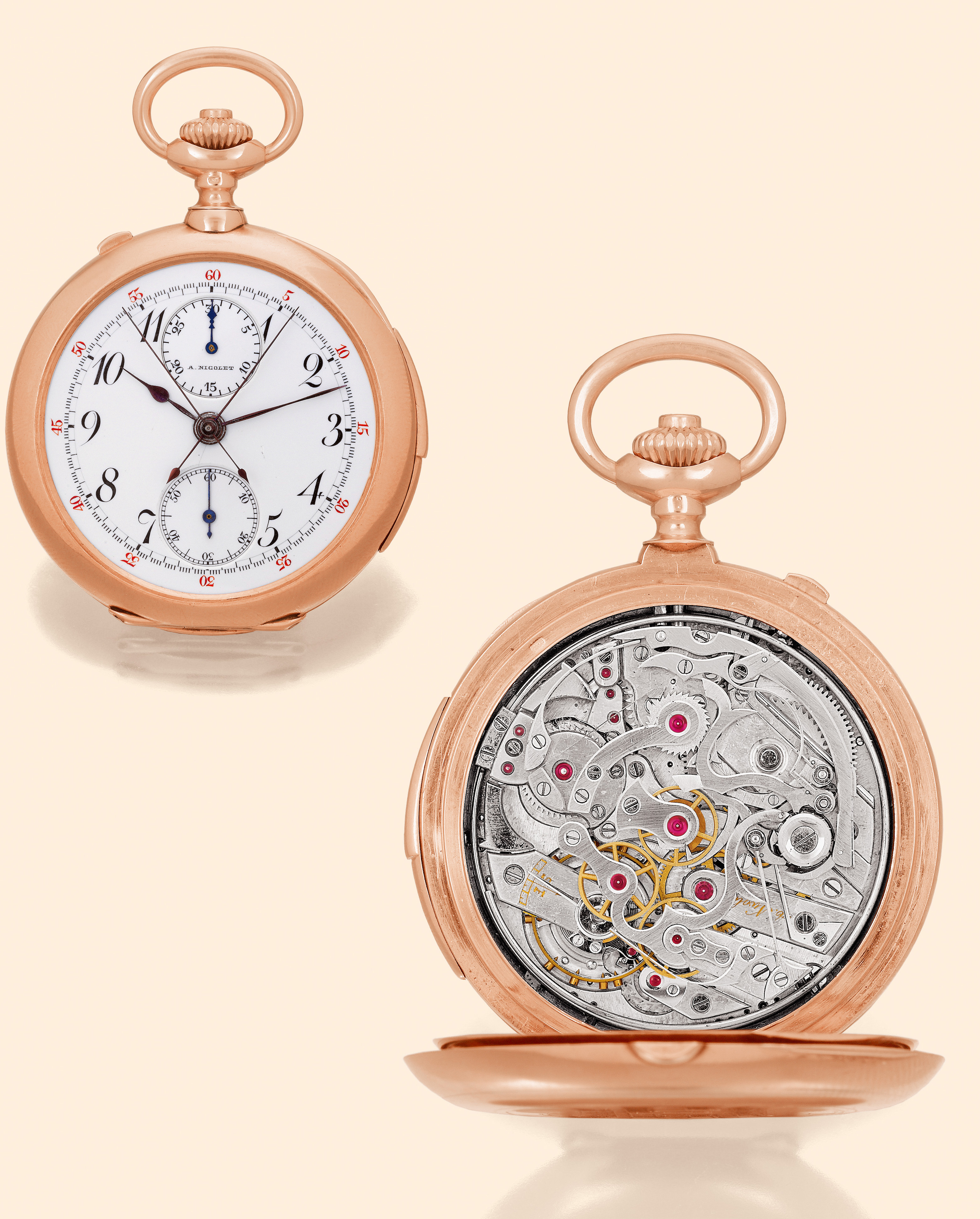 A. Nicolet, Les Ponts de Martel, No.13254, Swiss. Made circa 1900.  Fine and rare, minute-repeating, 18K pink gold keyless pocket watch with split-seconds chronograph and 30-minute register.