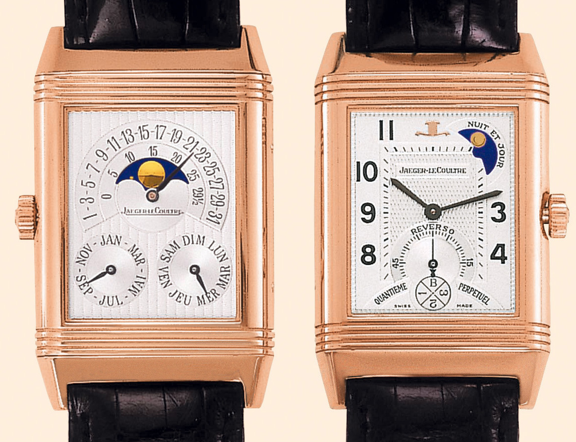 "Duoface"  Jaeger-LeCoultre "Reverso Duoface, Quantième Perpétuel Retrograde", No. 243/500, Ref. 270.2.55. Produced in 2000. Very fine and rare, rectangular, doubledial, astronomic, 18K pink gold gentleman's wristwatch with perpetual calendar, moon phases and an 18K pink gold Jaeger-LeCoultre deployant clasp. Accompanied by a fitted box and certificate.