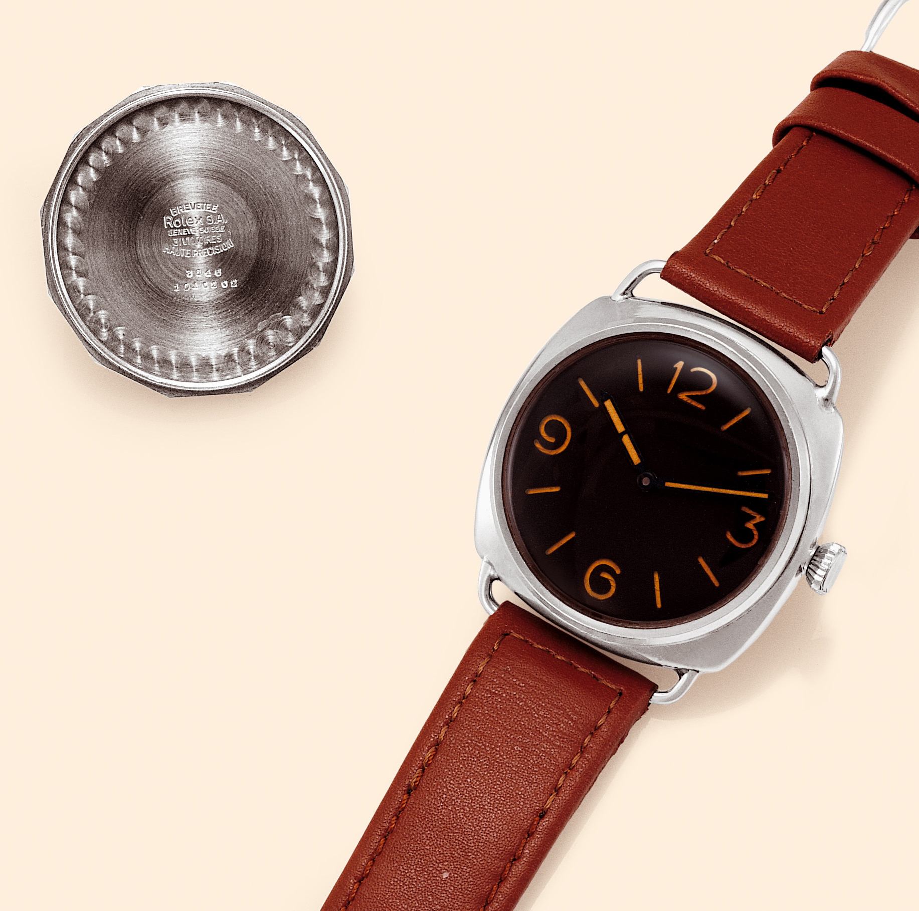 So-called "Panerai Rolex"  Officine Panerai, made by Rolex, No. 1010202, Ref. 3646. Made in the 1940s. Very fine and extremely rare, large, cushion-shaped, waterresistant, stainless steel military diver's wristwatch.