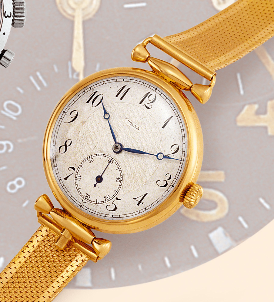 "Minute-Repeating"  Volta, Swiss. Made in the 1920s. Fine and unusual, large, minute-repeating, 18K yellow gold gentleman's wristwatch with an 18K pink gold textured mesh bracelet.