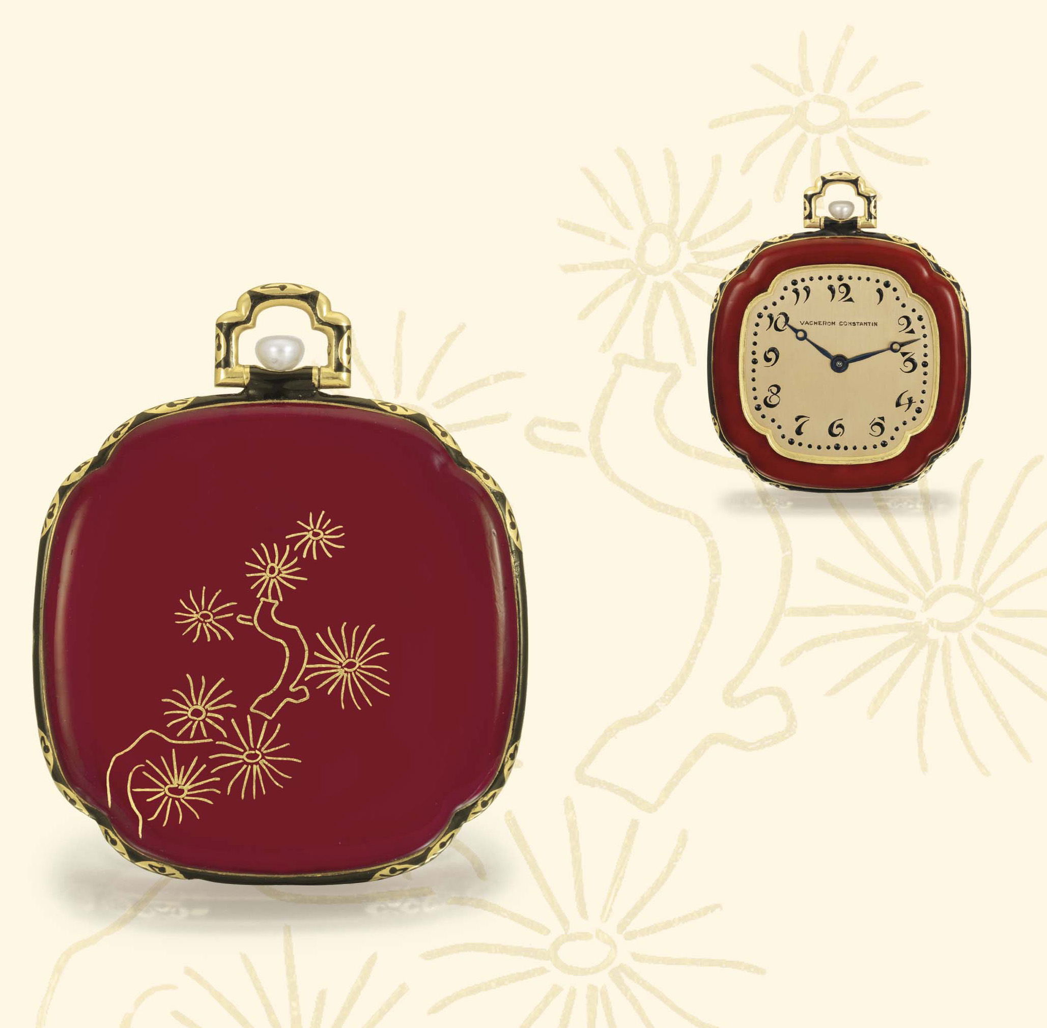 ?Chinoiserie? Vacheron & Constantin, Genève, movement No. 391677, delivered in 1927. Case by Verger Frères, No. 6847. Elegant and rare, thin, Art Deco, 18K gold, red and black lacquer, lobed keyless dress watch. Accompanied by a Certficate of Authenticity.