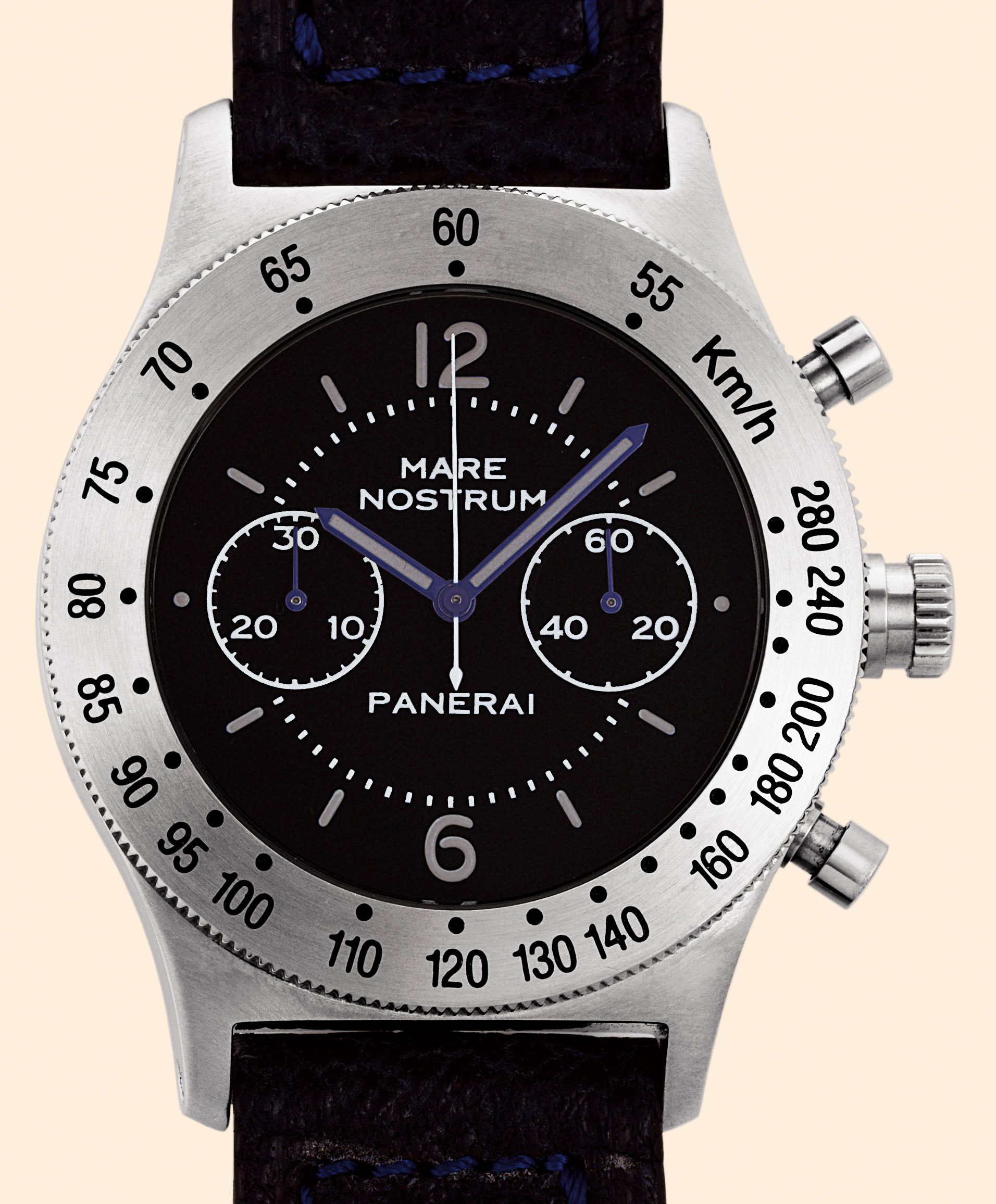 ?Mare Nostrum?  Officine Panerai, Firenze 1860, ?Mare Nostrum?, No. 5218-301/A. Made in the 1990s. Fine, large, water-resistant, stainless steel, gentleman?s wristwatch with round button chronograph, register, tachometer and a stainless steel Officine Panerai buckle. Accompanied by a spare leather strap, a steel buckle and an original box.