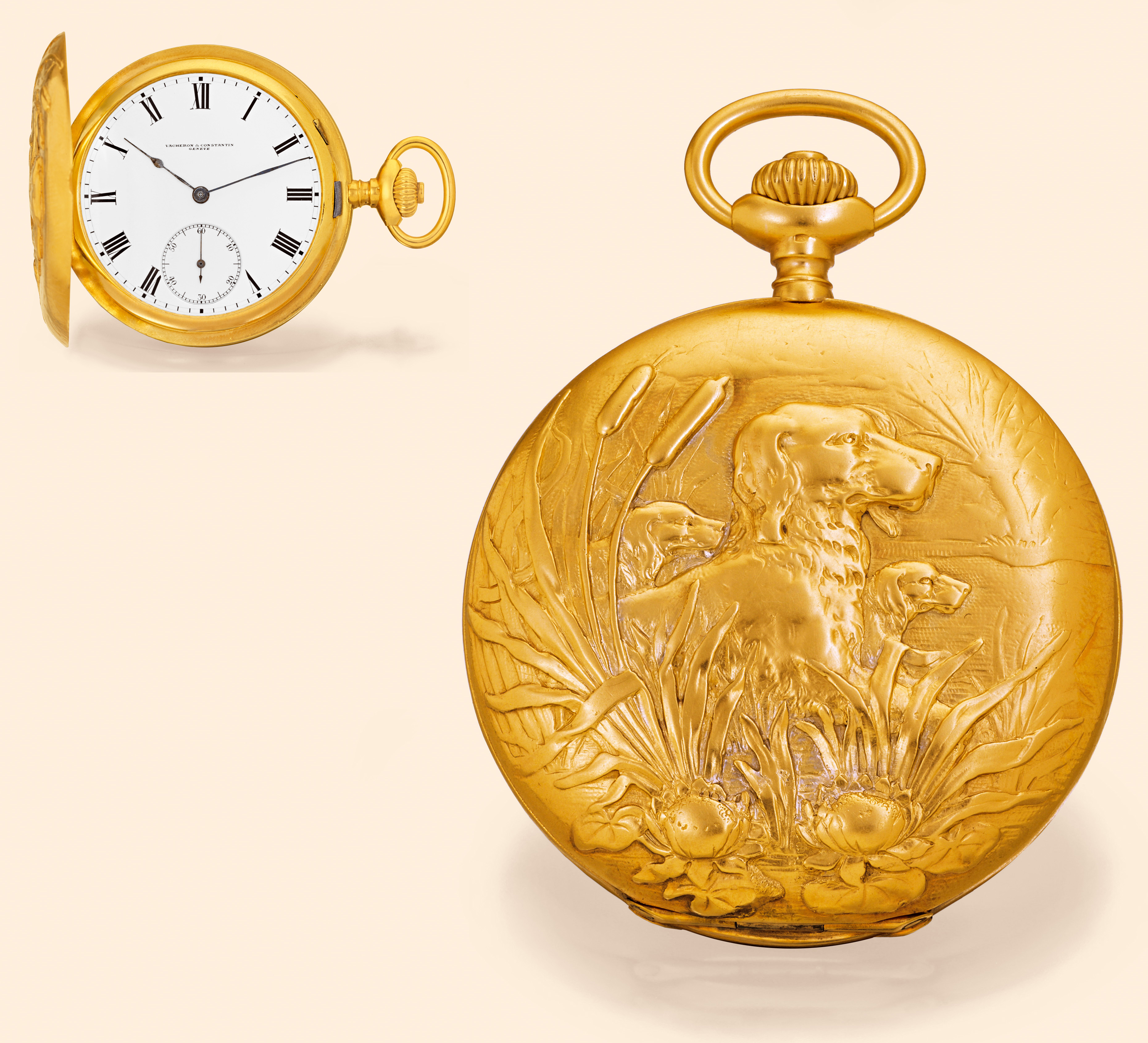 Vacheron & Constantin, Genève, No. 349360,  case No. 214002. Made in 1910. Fine, hunting-cased, keyless, 18K yellow gold pocket watch.
