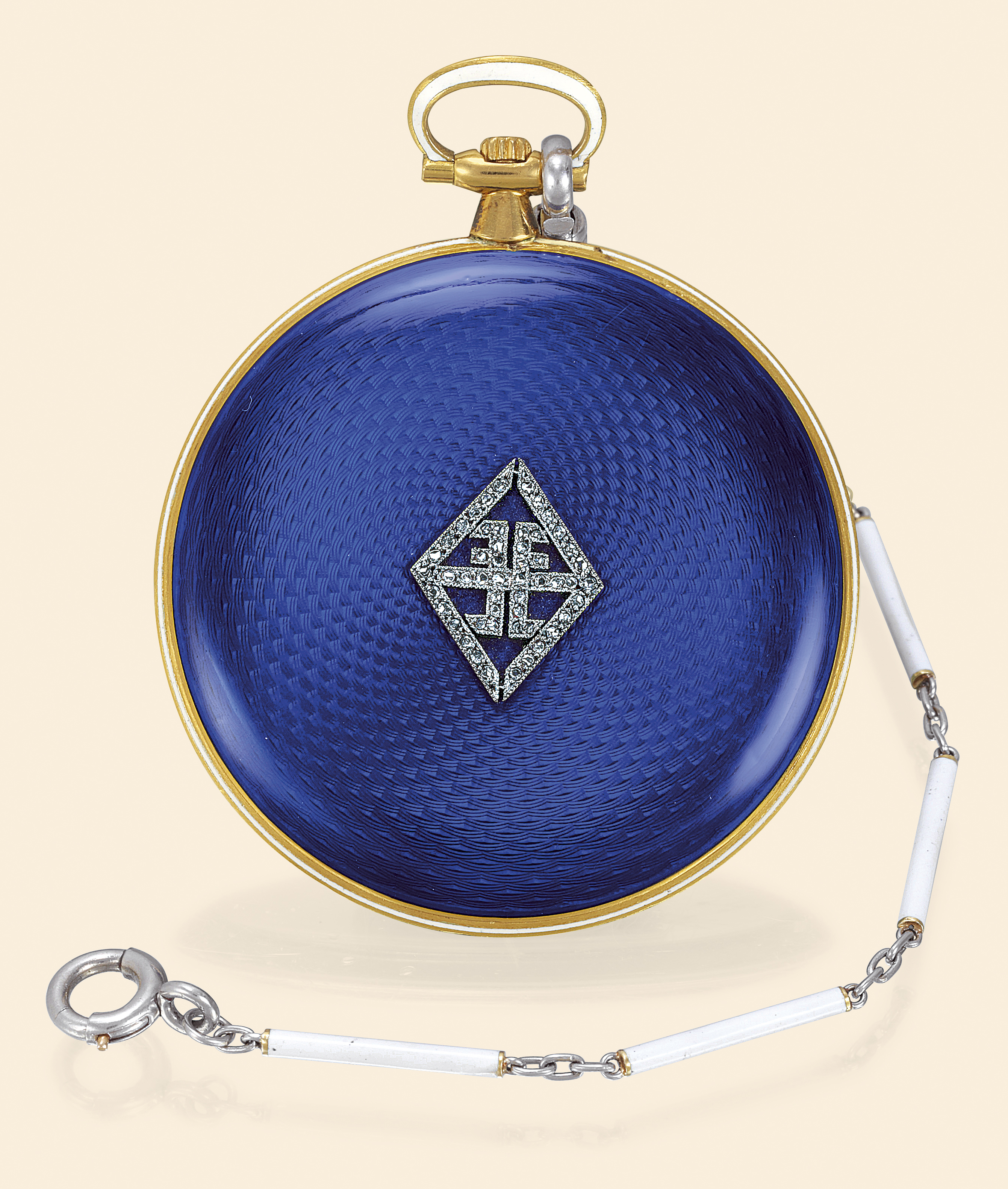 ?Very Thin Enamel & Diamonds?
Attributed to Haas Neveux & Cie, Genève,
No. 49594. Made for Dreicer & Co., (New York),
circa 1910.
Very fine, very thin and elegant, 18K gold, enamel and rosecut
diamond-set keyless dress watch with a platinum and
enamel long chain.