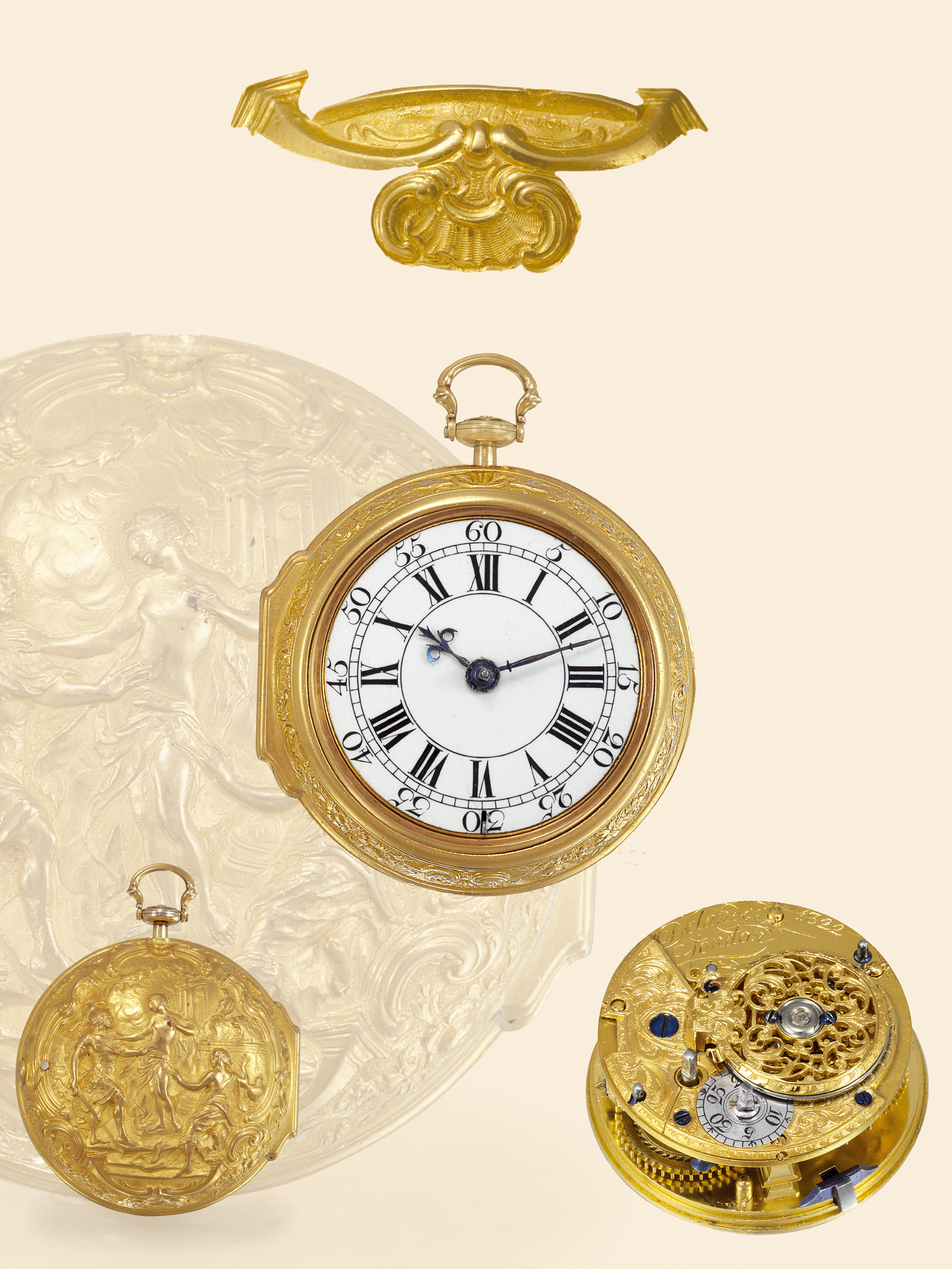 Moser No.7 ?Venus Restraining Aeneas from Killing Helen?
Delander, London, No. 1322, Case by John Ward and chased by George Michael Moser. London hallmarks for
1744-5.
Very fine, exceptionally rare and historically important 22K gold, pair-cased pocket watch with symmetric repoussé decoration,
the earliest example of its type known to exist.