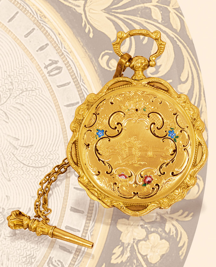 ?Lake Geneva?
Sirven a Geneve, No. 1585. Made circa 1840.
18K gold and enamel lady?s pendant watch with matching gold cased key.