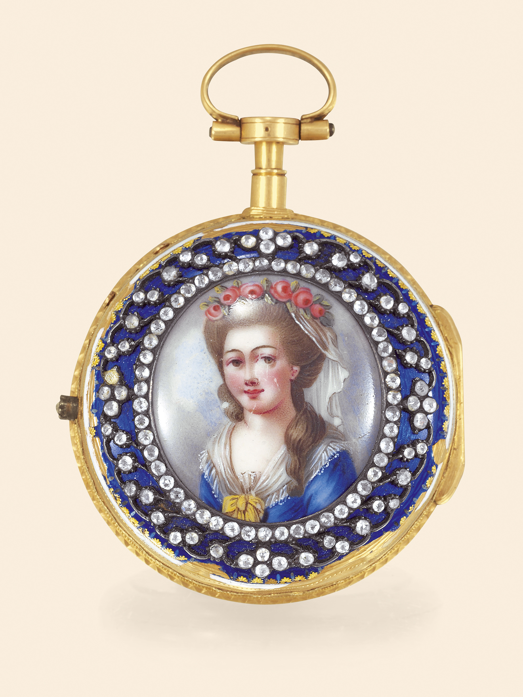 ?Beautiful Lady?
Ch.t Moricand a Genève, No. 35032. Made
circa 1780.
Fine, 20K gold, painted on enamel and rose-cut diamond-set,
pair-cased pocket watch.
