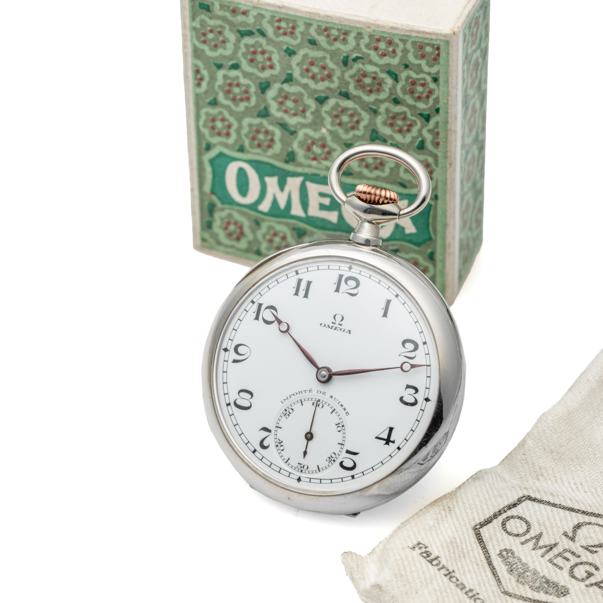 OMEGA, ENAMEL DIAL POCKET WATCH, “IMPORTE DE SUISSE”, STAINLESS STEEL, ORIGINAL BOX