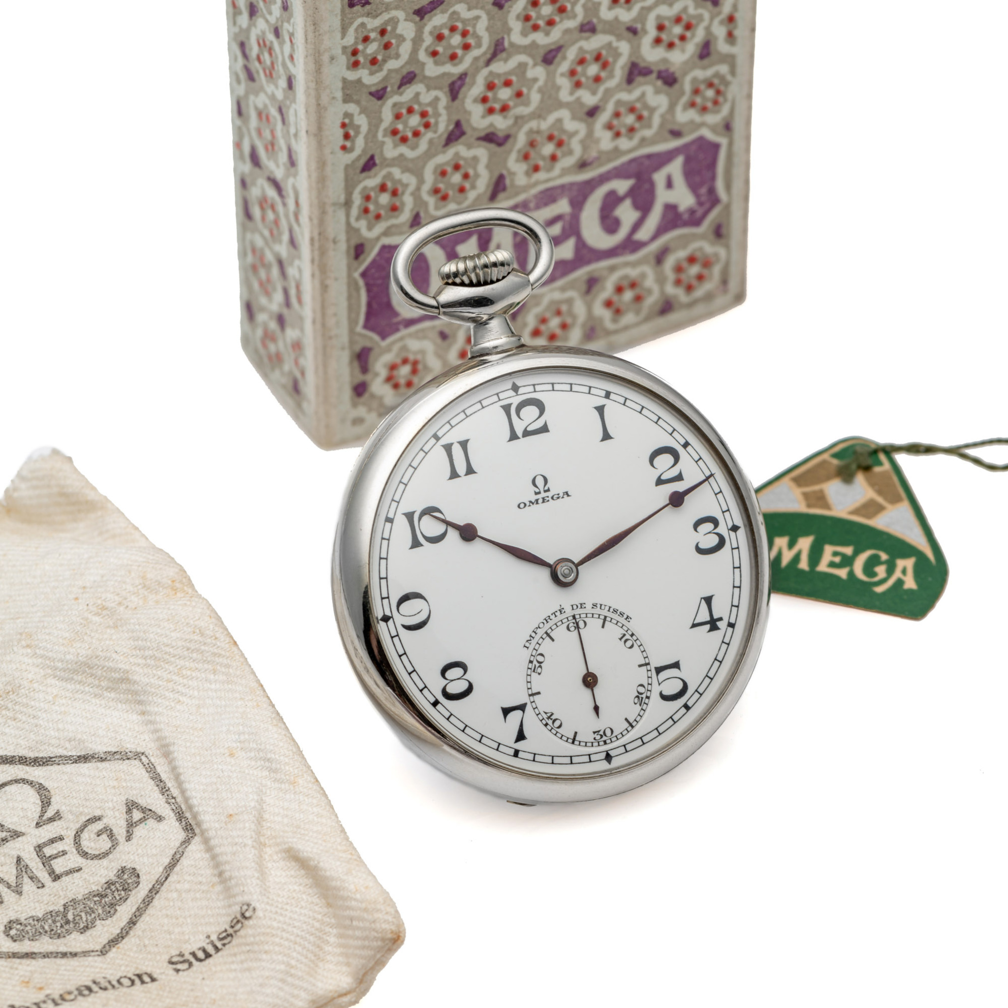 OMEGA, ENAMEL DIAL POCKET WATCH, “IMPORTE DE SUISSE”, STAINLESS STEEL, ORIGINAL BOX AND HANG TAG